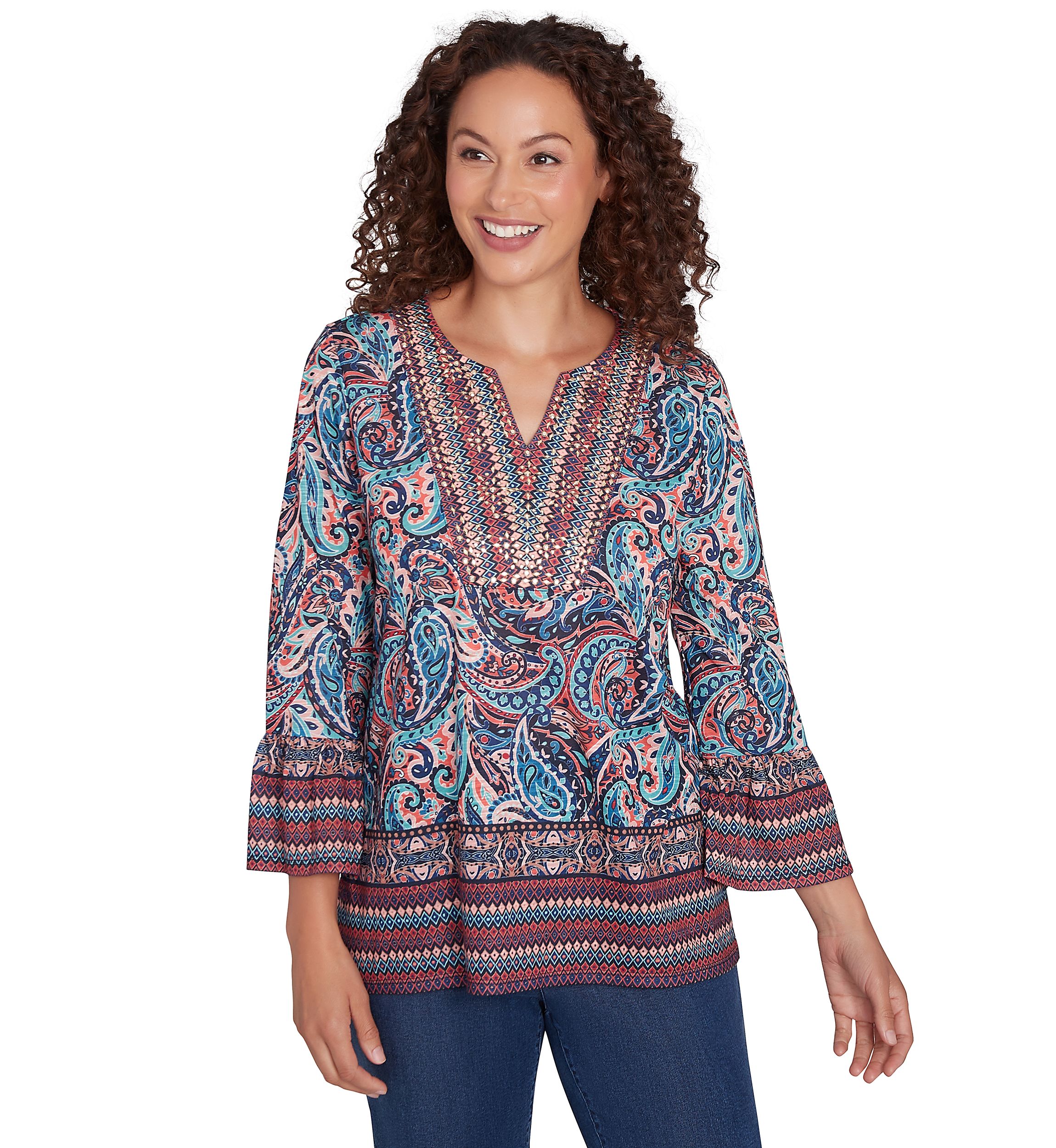 Petite Embellished Placket Paisley Print Slub Jersey Top