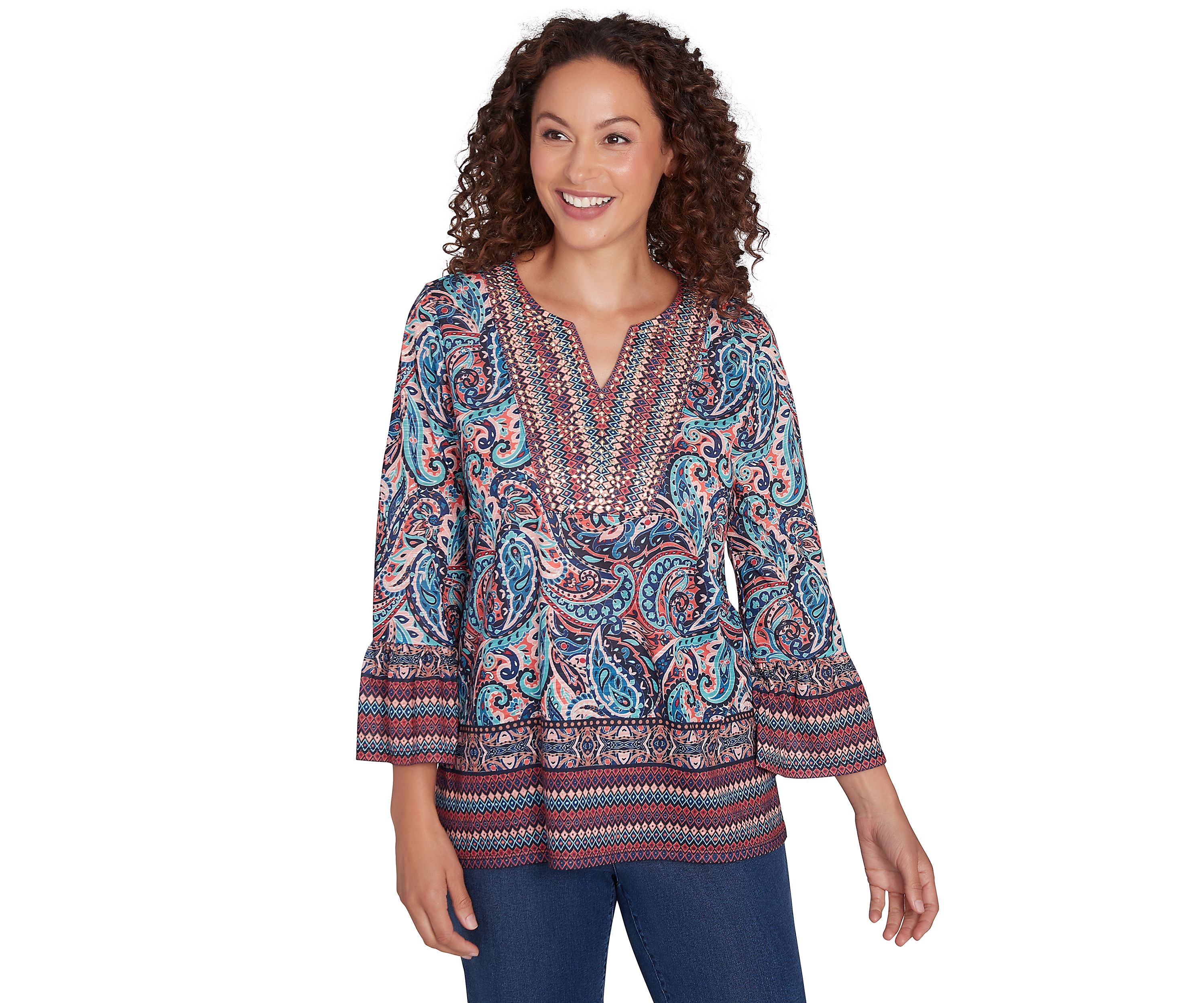 Petite Embellished Placket Paisley Print Slub Jersey Top