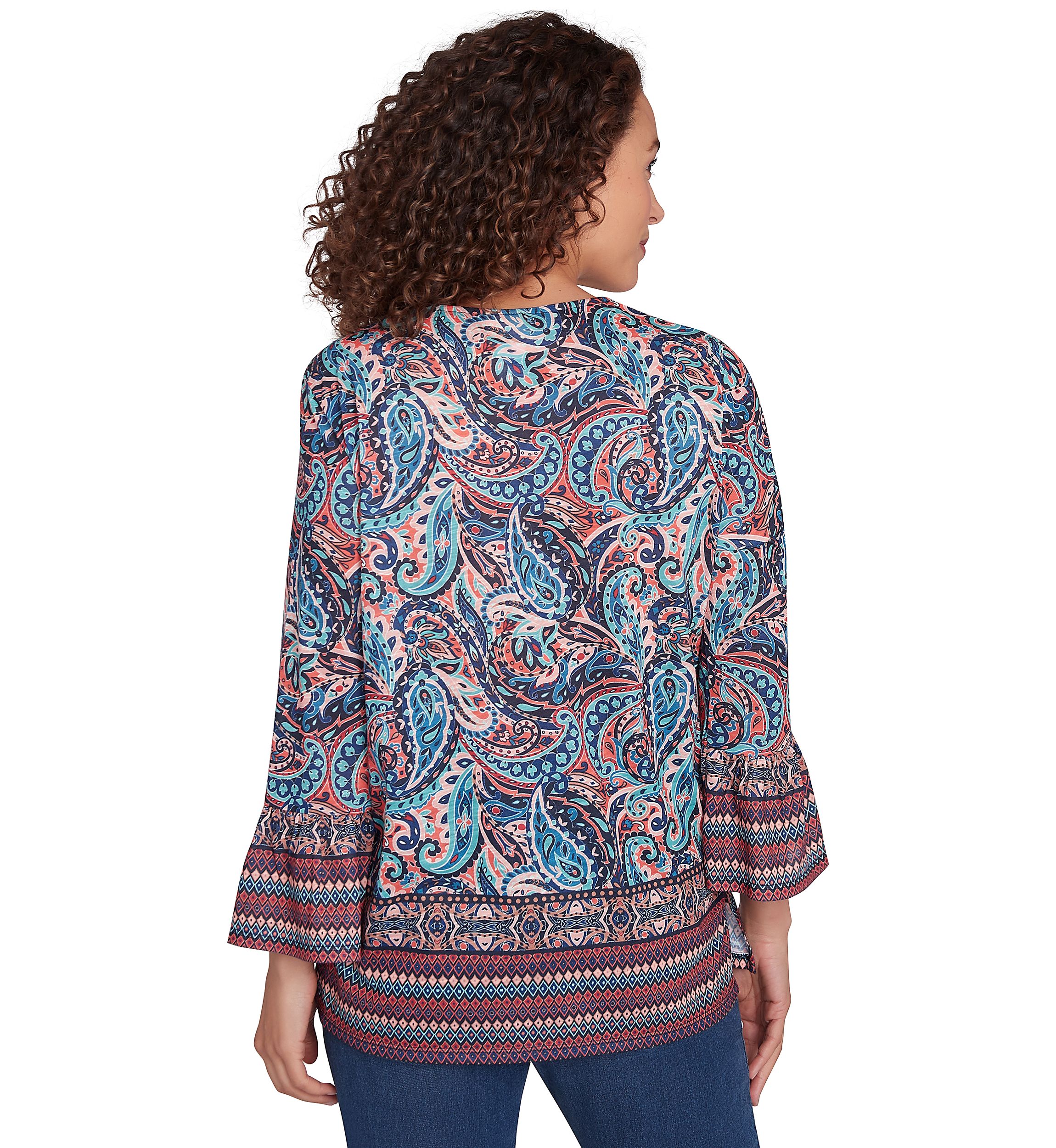 Petite Embellished Placket Paisley Print Slub Jersey Top