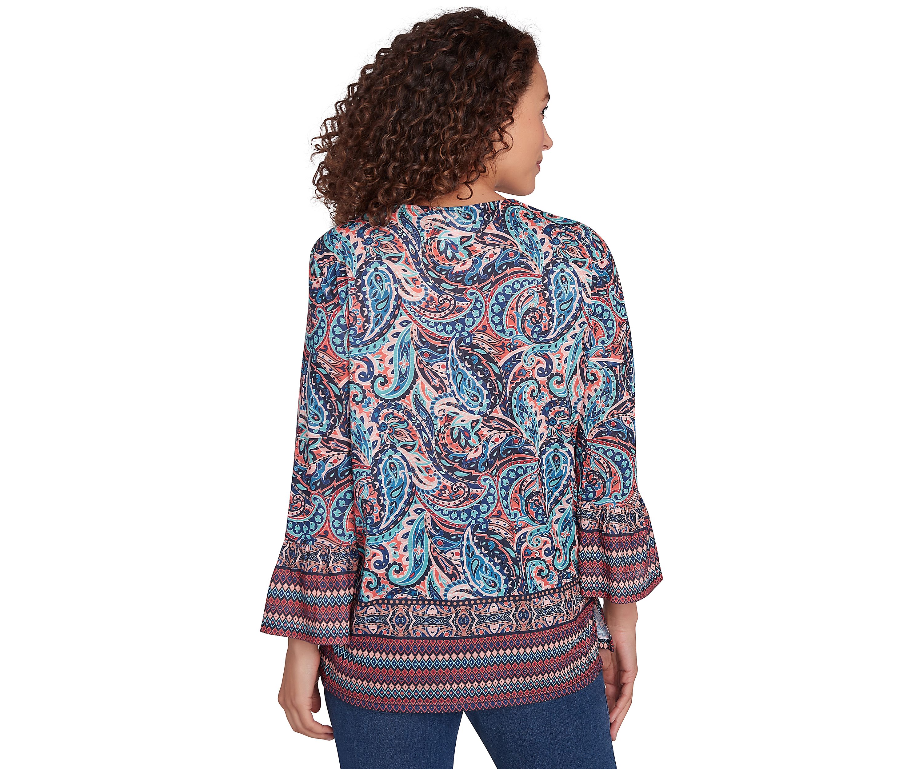 Petite Embellished Placket Paisley Print Slub Jersey Top