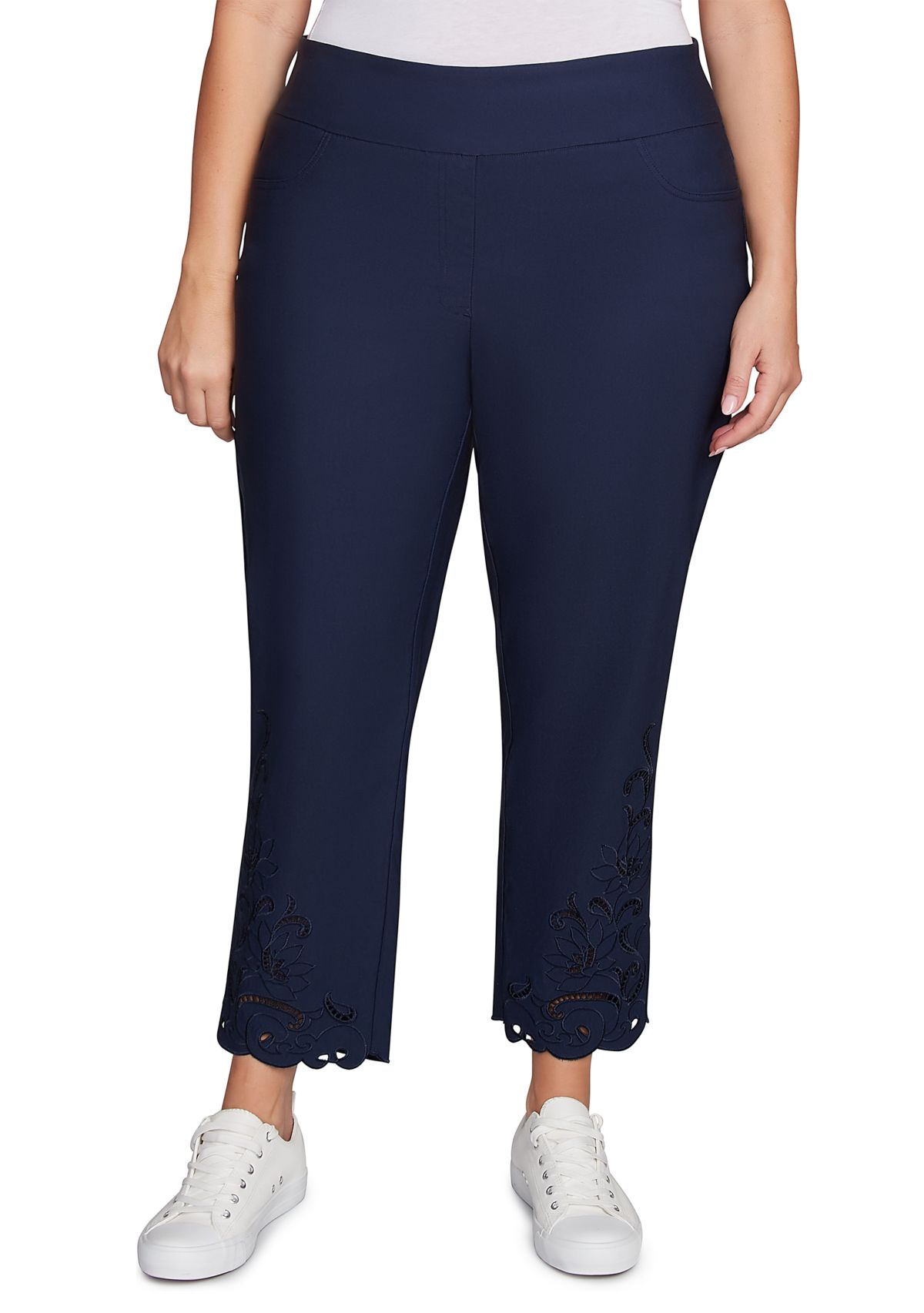 Plus Size Pull-On Silky Embroidered Ankle Pants