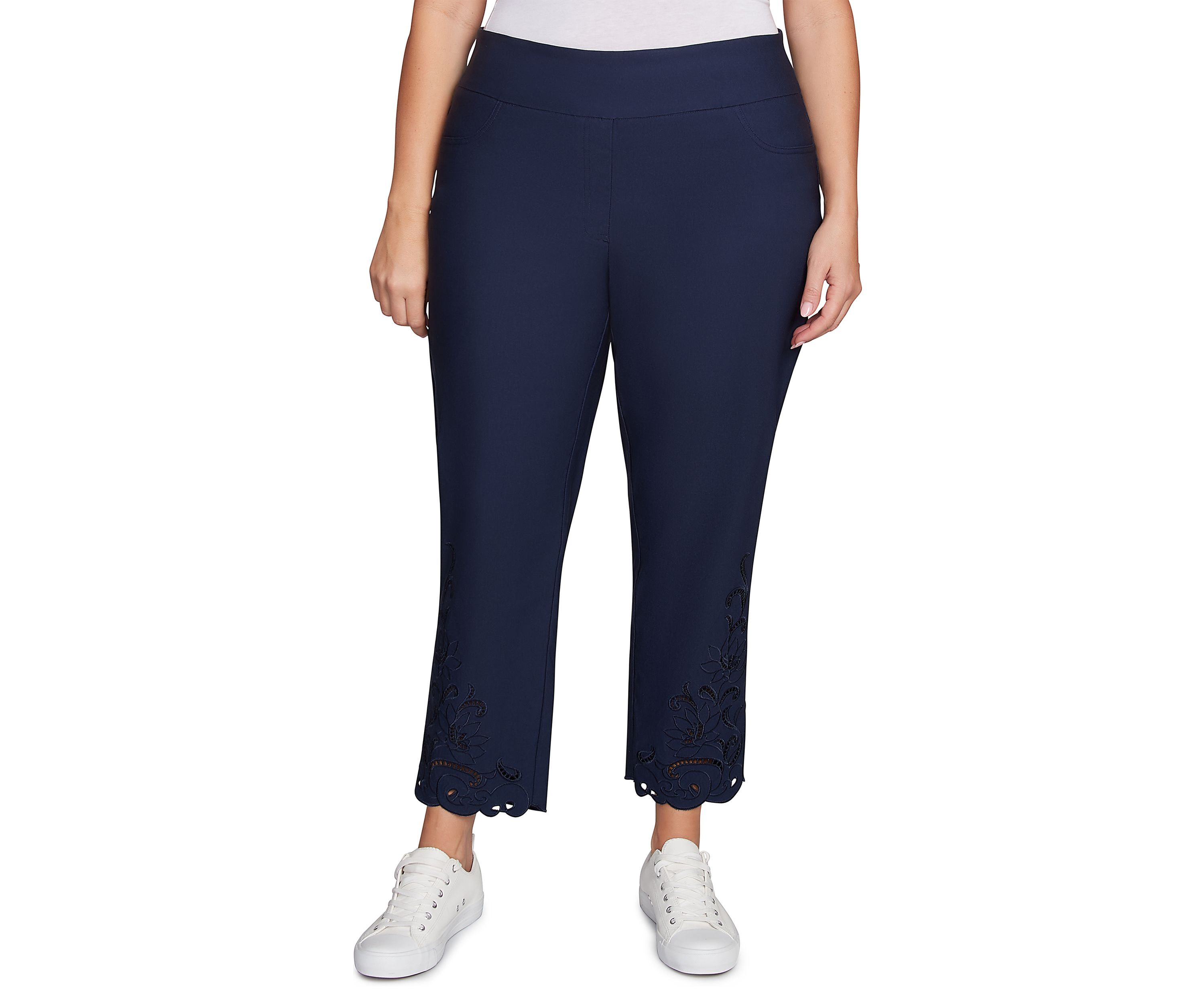 Plus Size Pull-On Silky Embroidered Ankle Pants