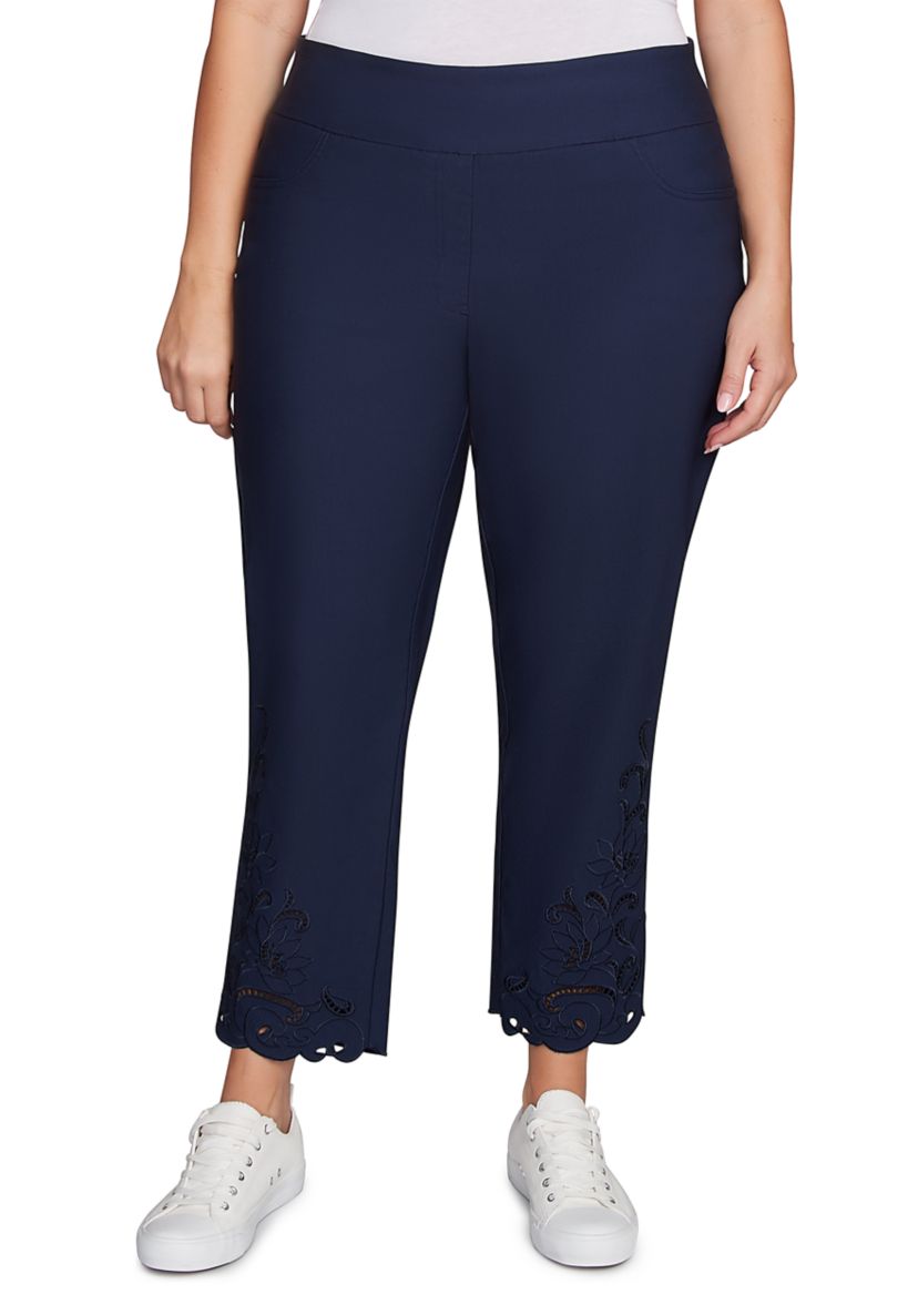 Plus Size Pull-On Silky Embroidered Ankle Pants