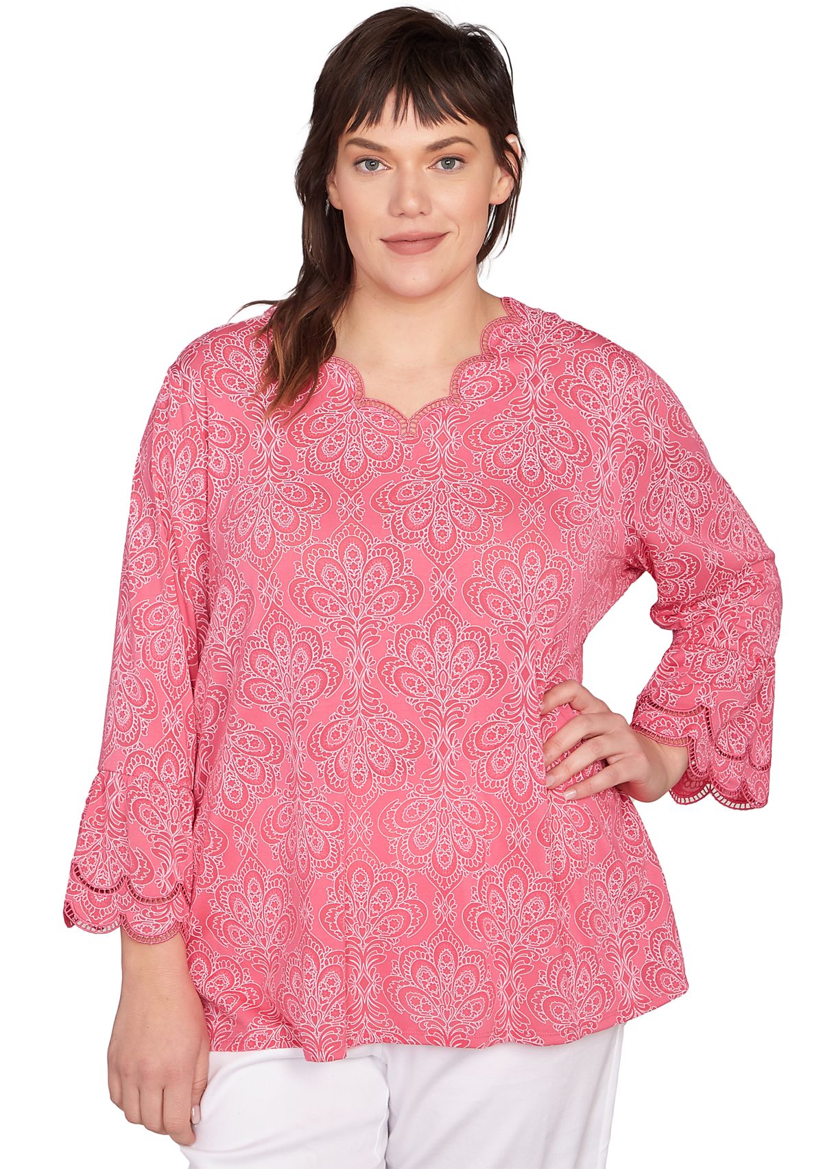 Plus Size Scalloped Puff Print Solid Burnout Top