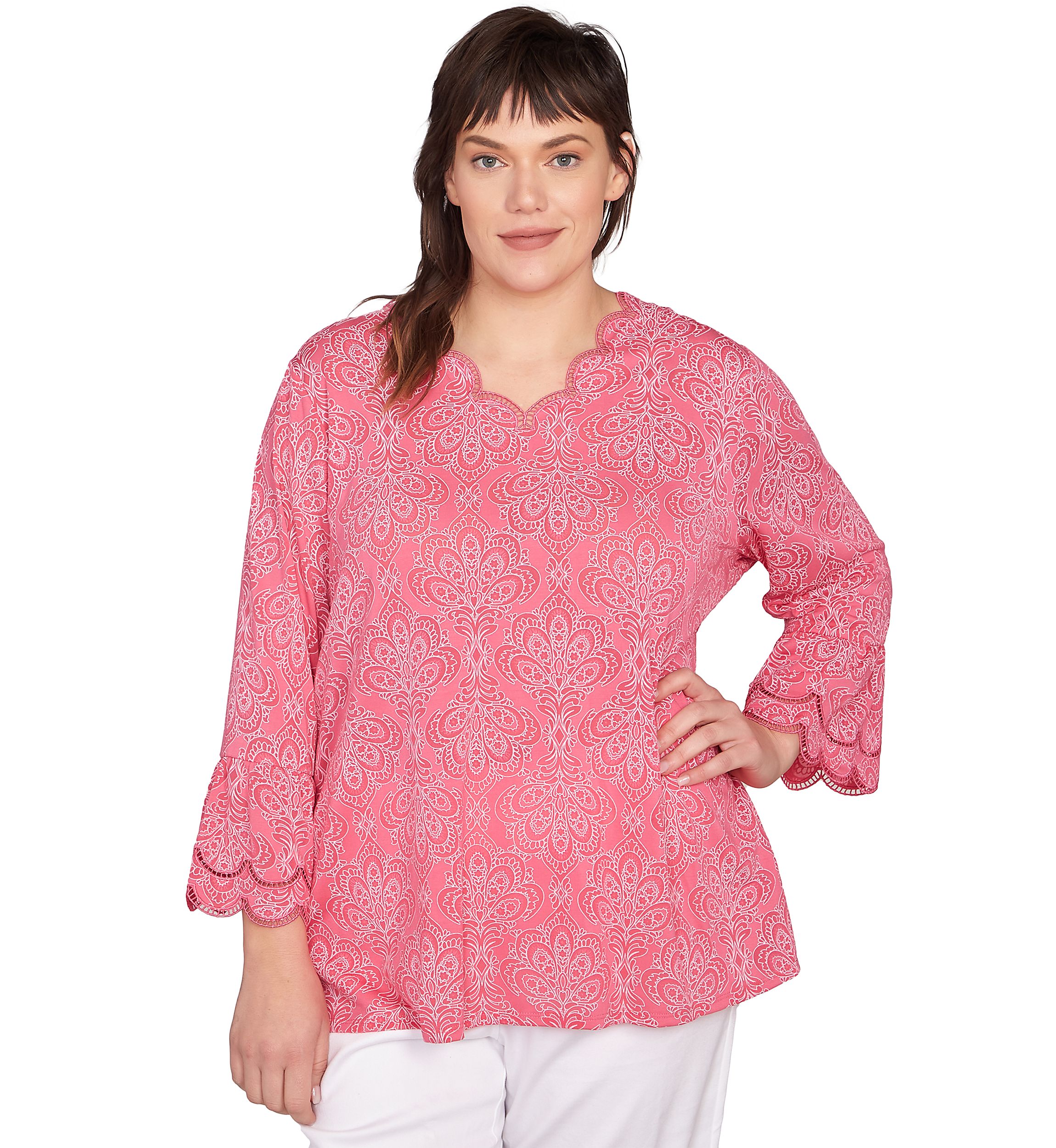 Plus Size Scalloped Puff Print Solid Burnout Top