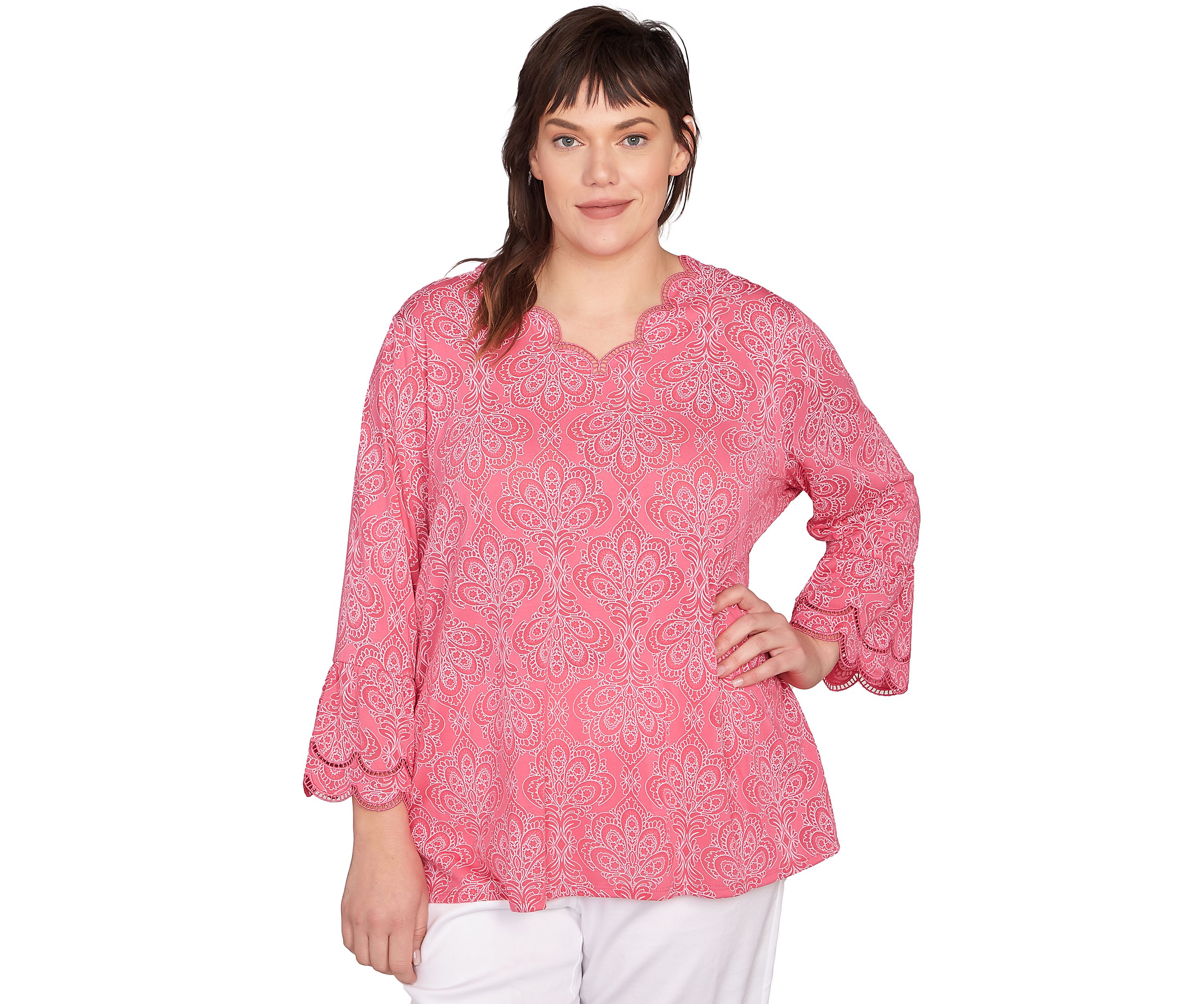 Plus Size Scalloped Puff Print Solid Burnout Top