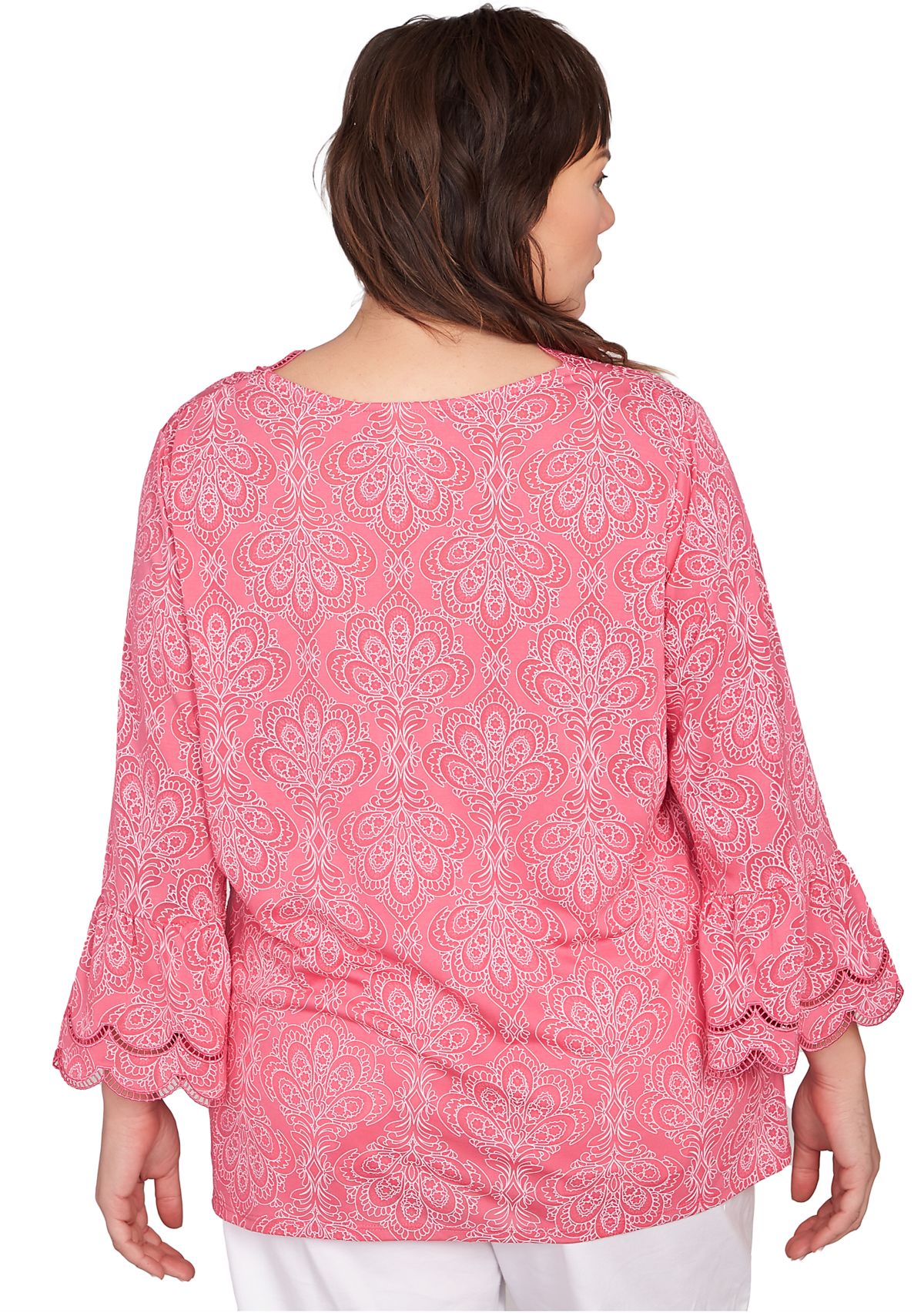 Plus Size Scalloped Puff Print Solid Burnout Top