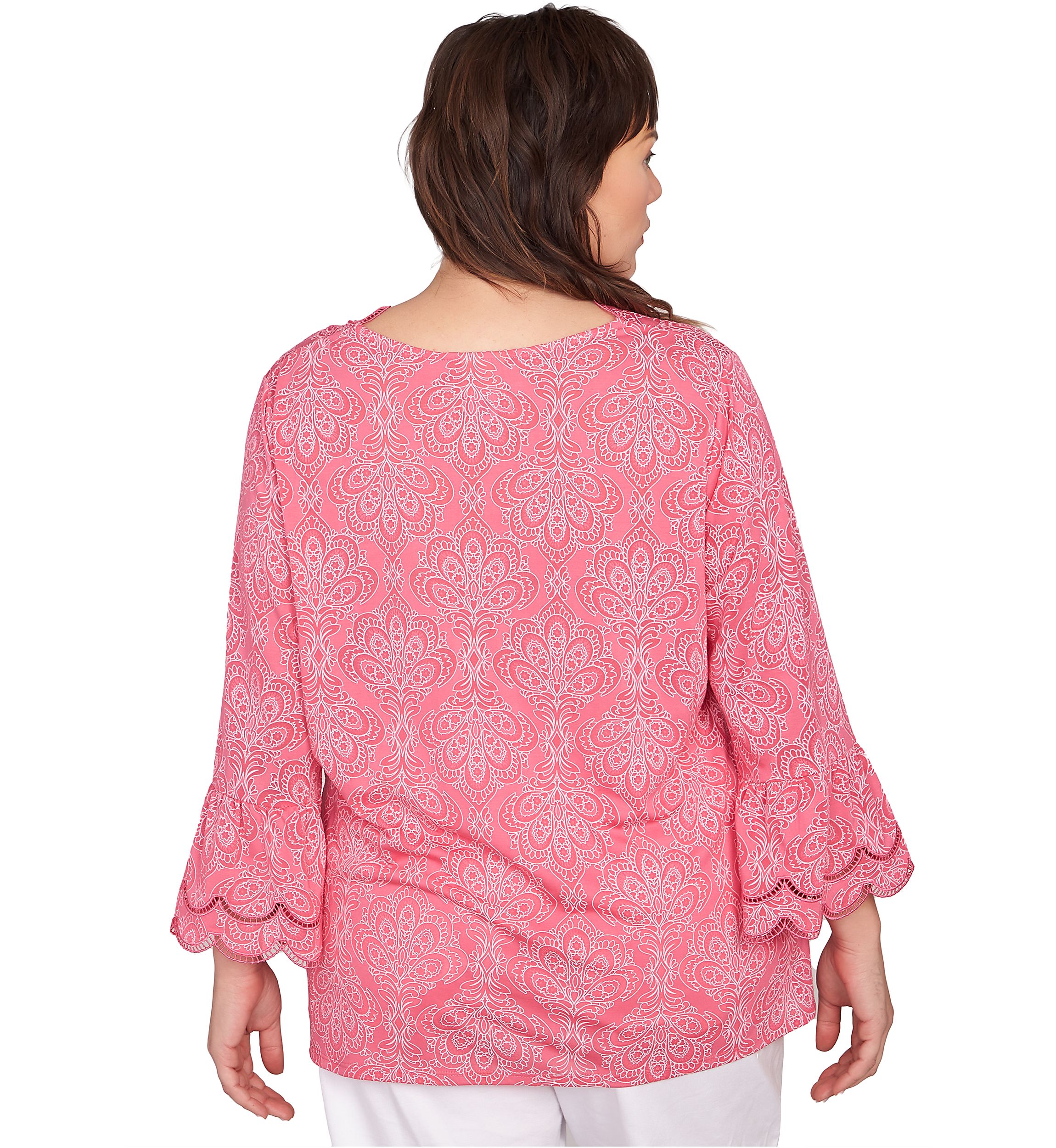 Plus Size Scalloped Puff Print Solid Burnout Top