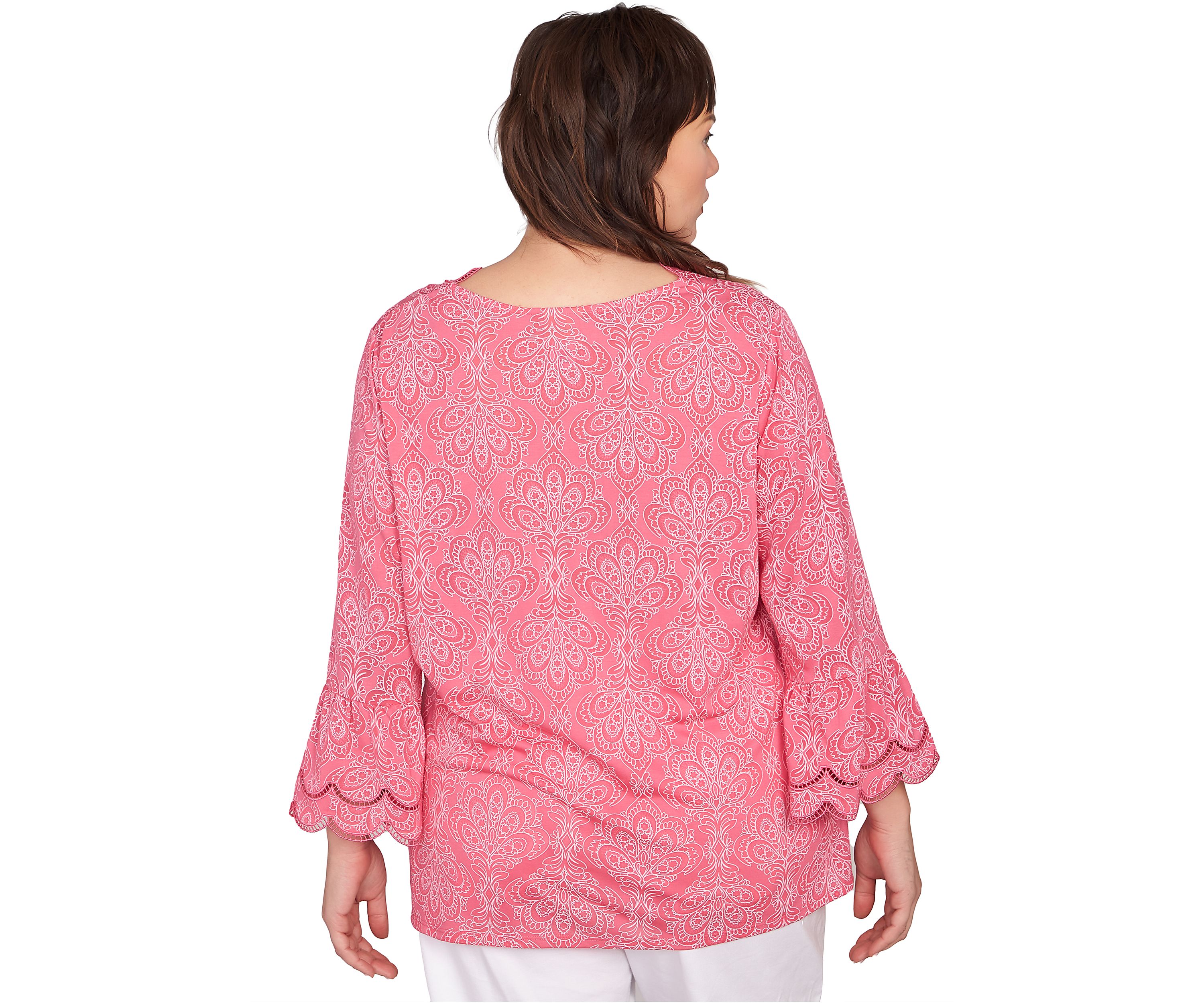 Plus Size Scalloped Puff Print Solid Burnout Top
