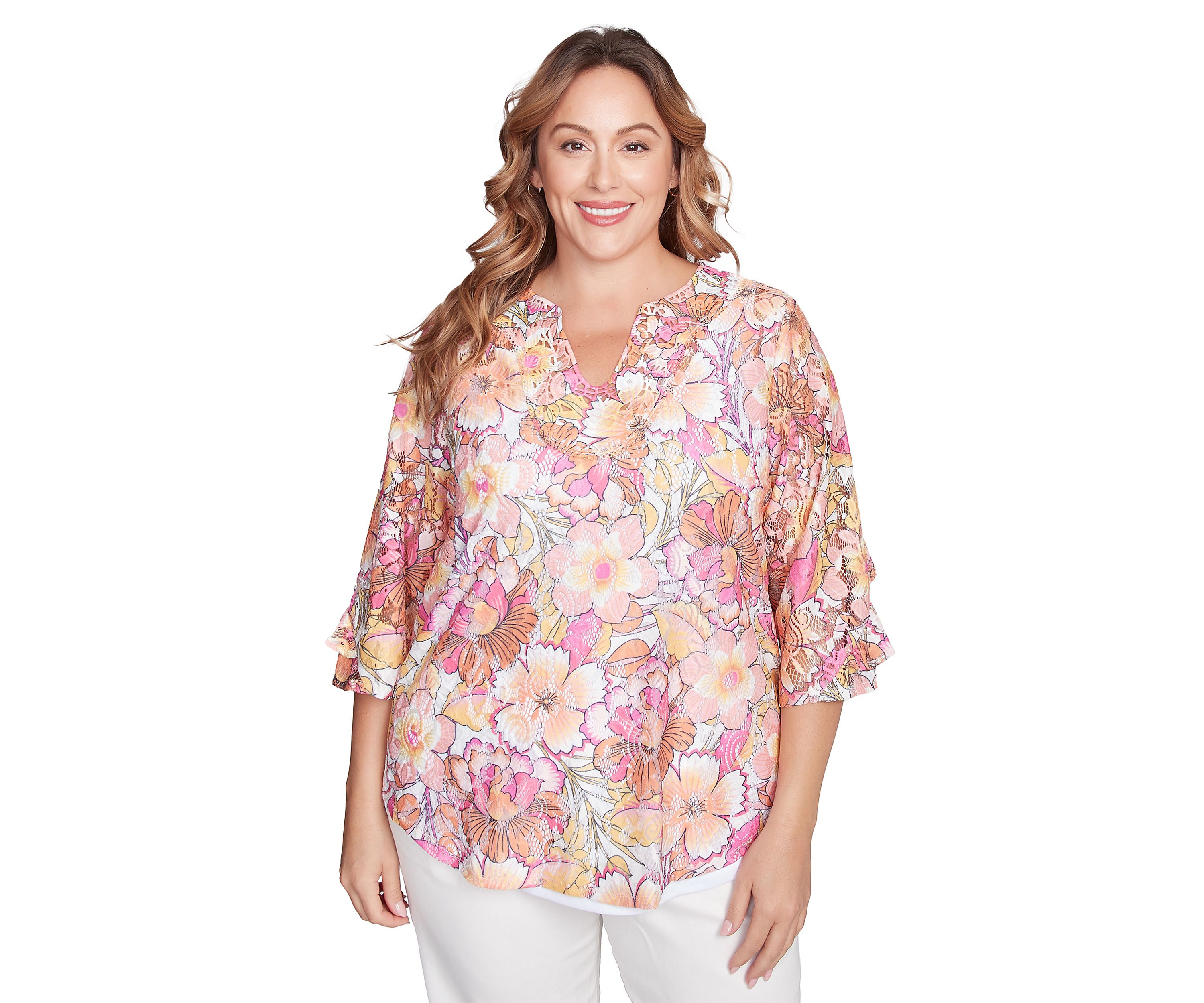Plus Size Floral Printed Lace Lined Top