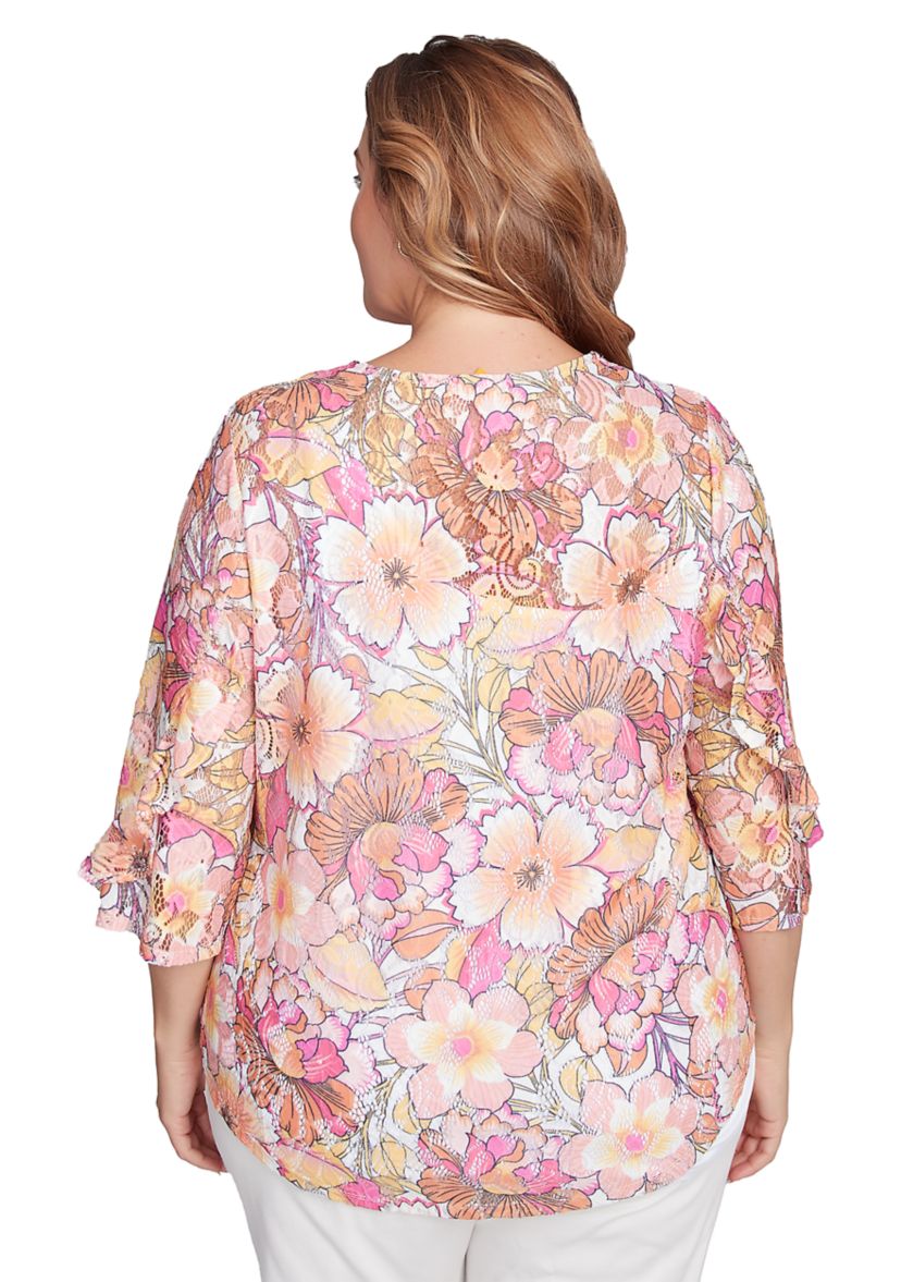 Plus Size Floral Printed Lace Lined Top