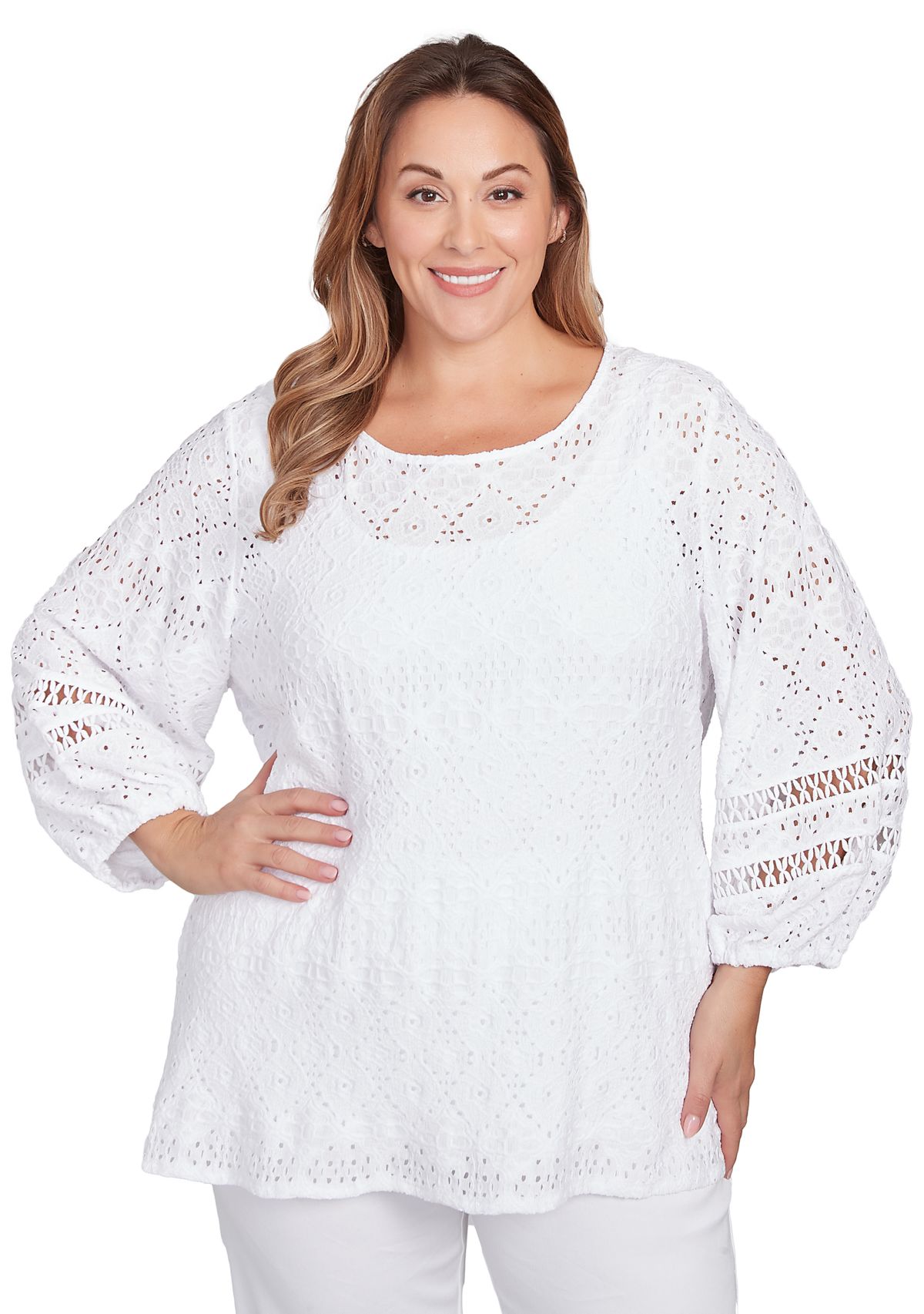 Plus Size Diamond Eyelet Solid Lined Crinkle Knit Top