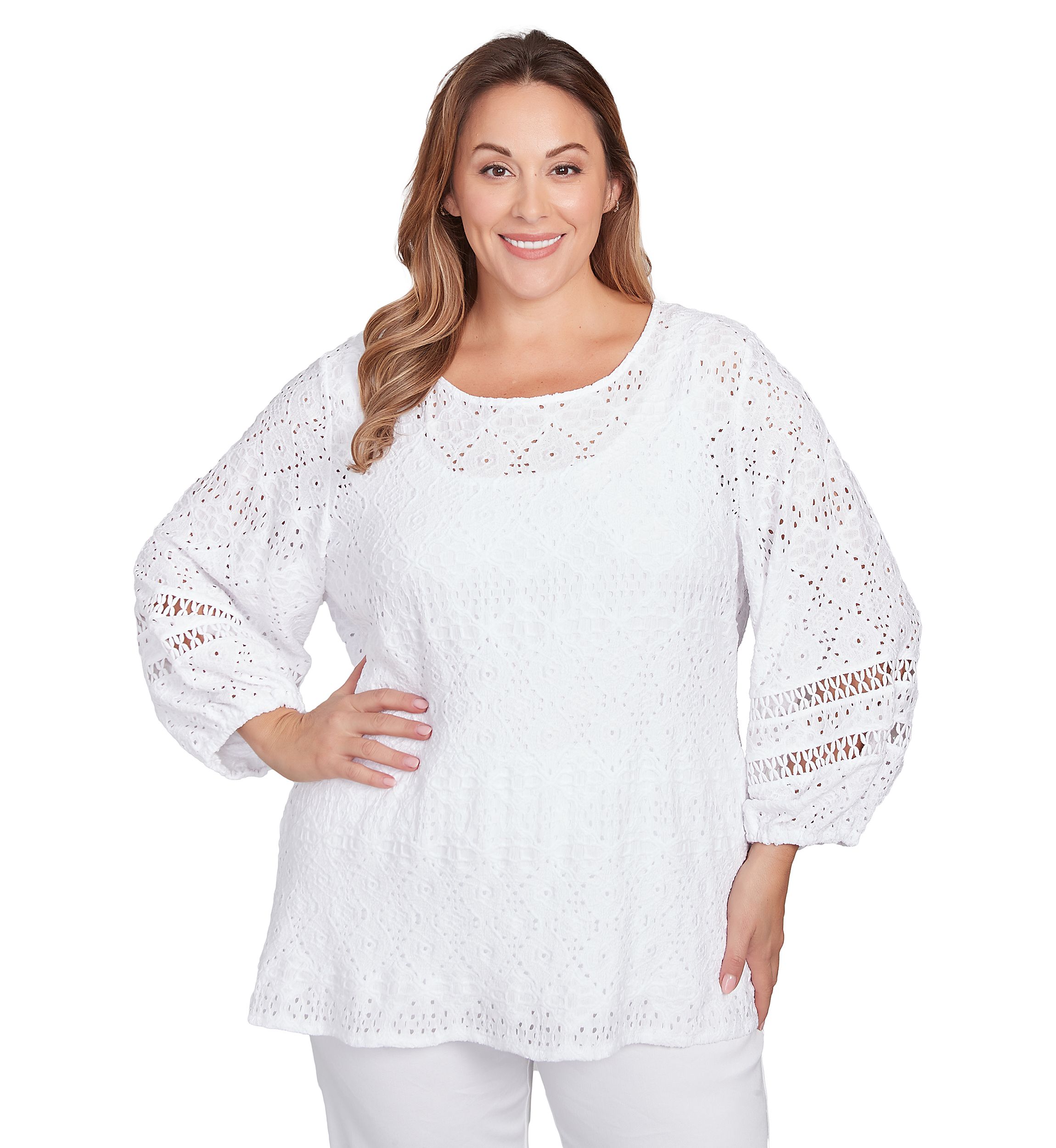 Plus Size Diamond Eyelet Solid Lined Crinkle Knit Top