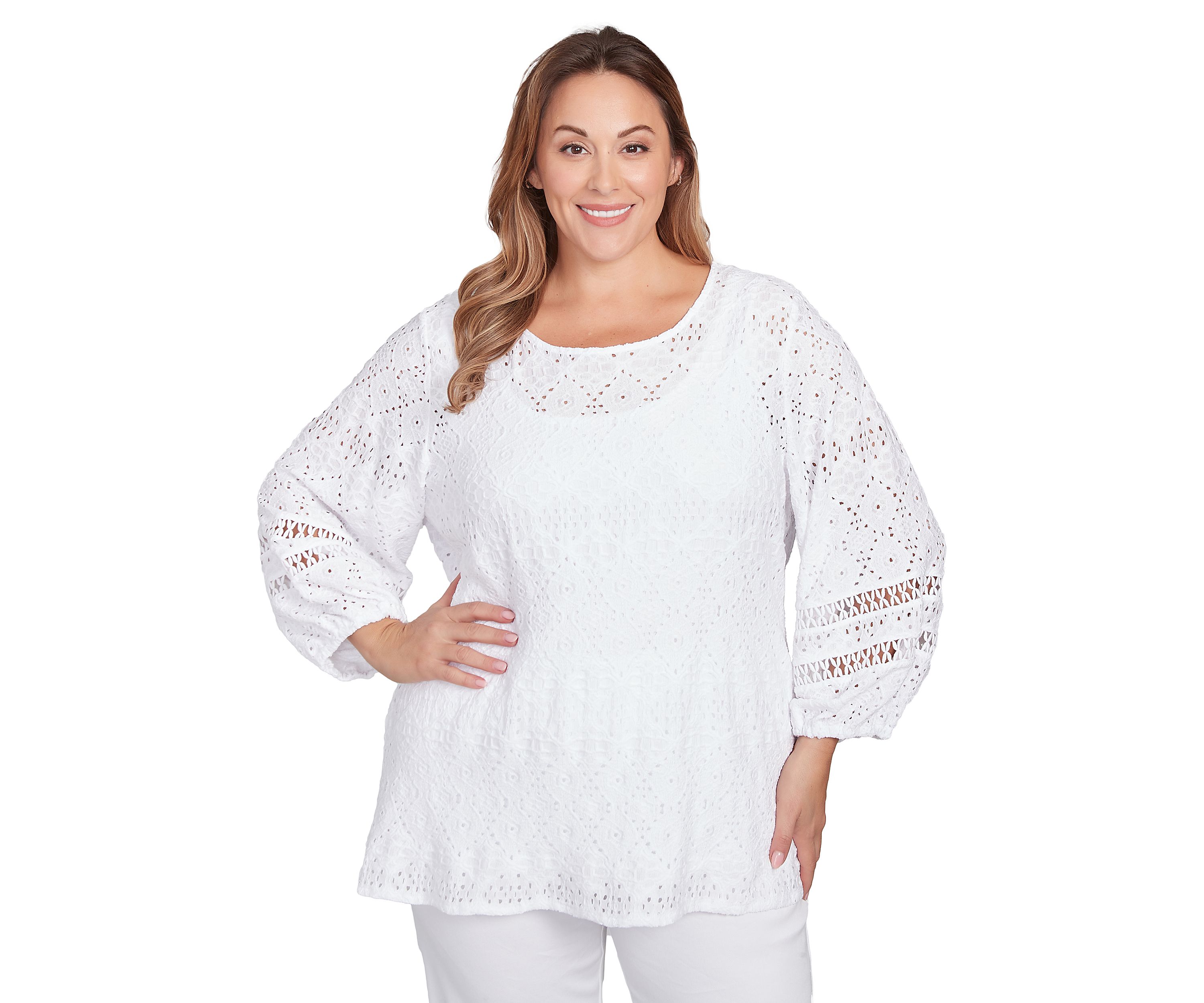 Plus Size Diamond Eyelet Solid Lined Crinkle Knit Top