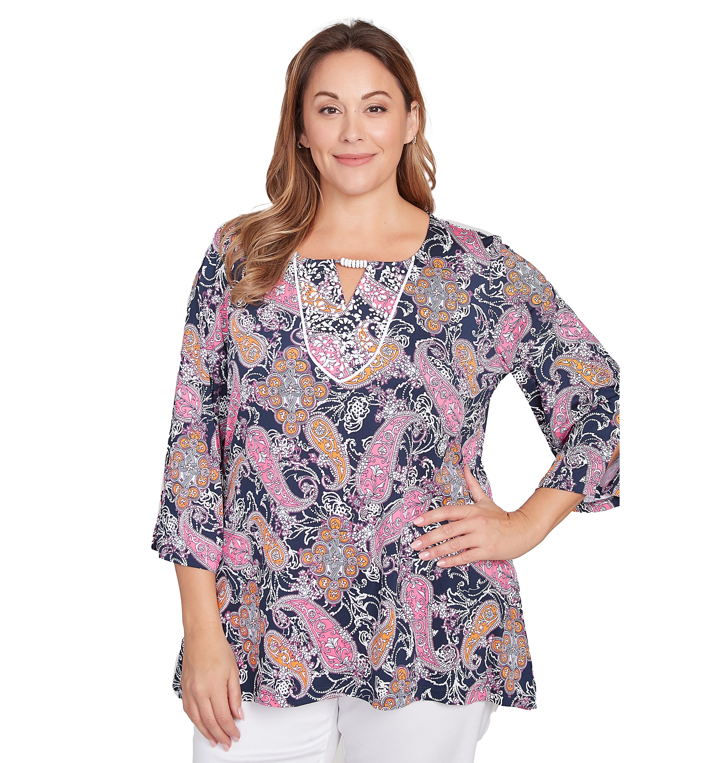Womens Paisley Puff Print Beaded Neck Knit Top