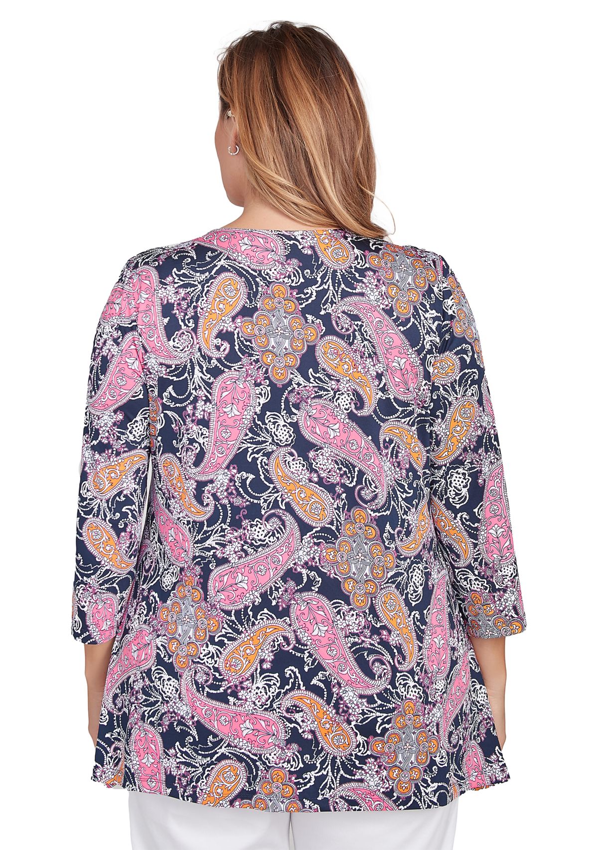 Womens Paisley Puff Print Beaded Neck Knit Top