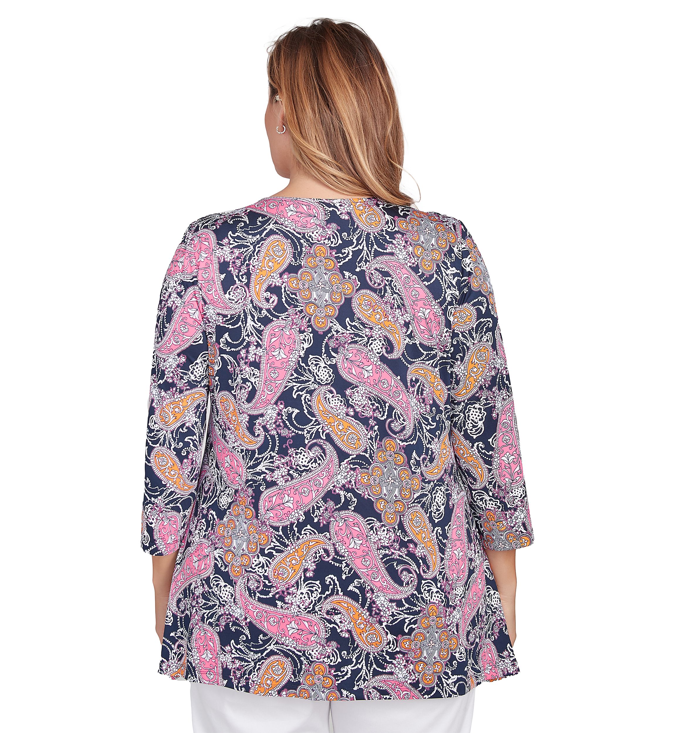 Womens Paisley Puff Print Beaded Neck Knit Top