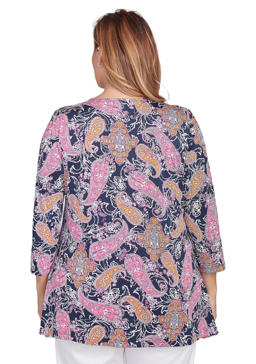 Womens Paisley Puff Print Beaded Neck Knit Top