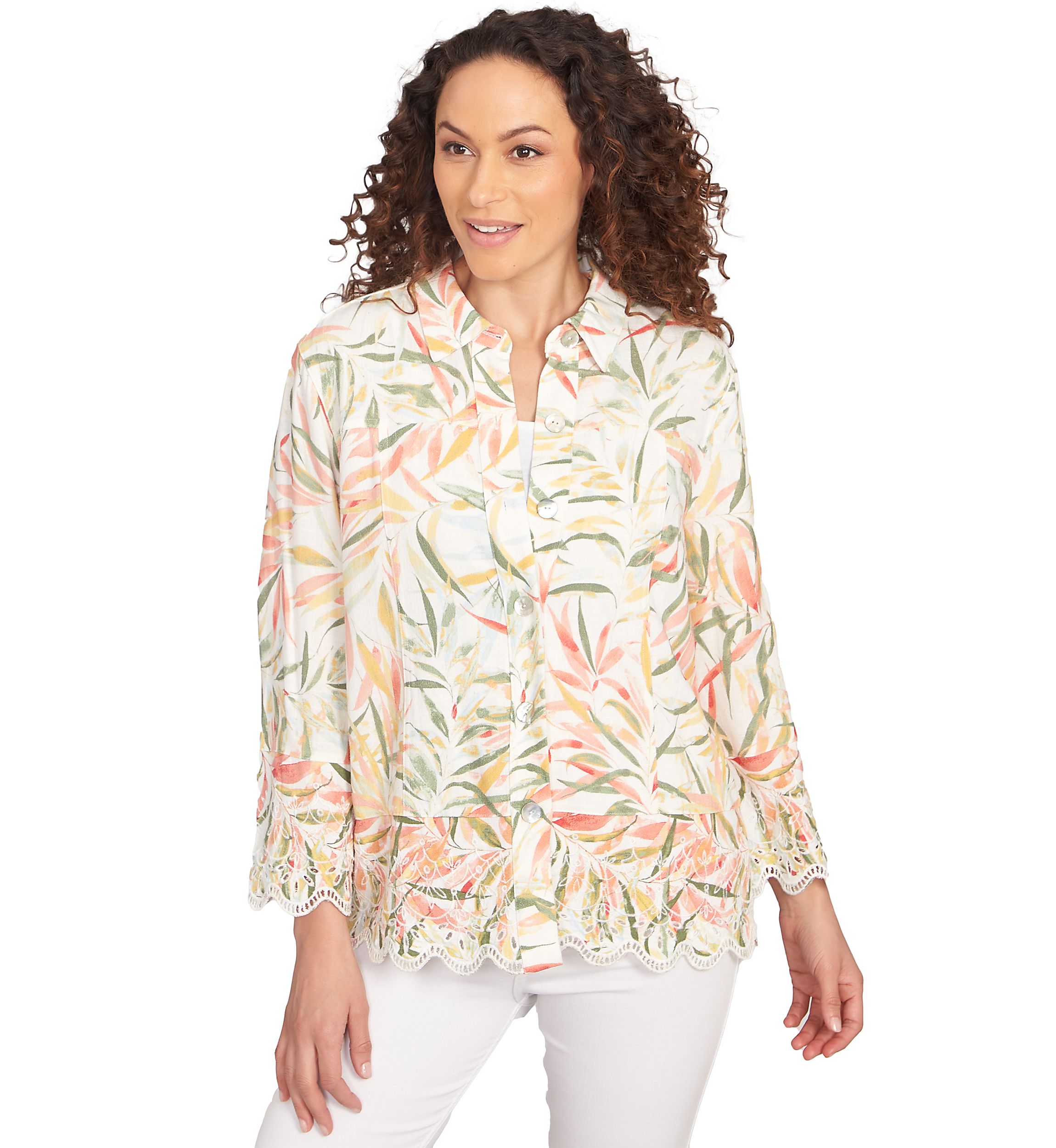 Womens Tropical Fern Button Front Linen Shirt Jacket
