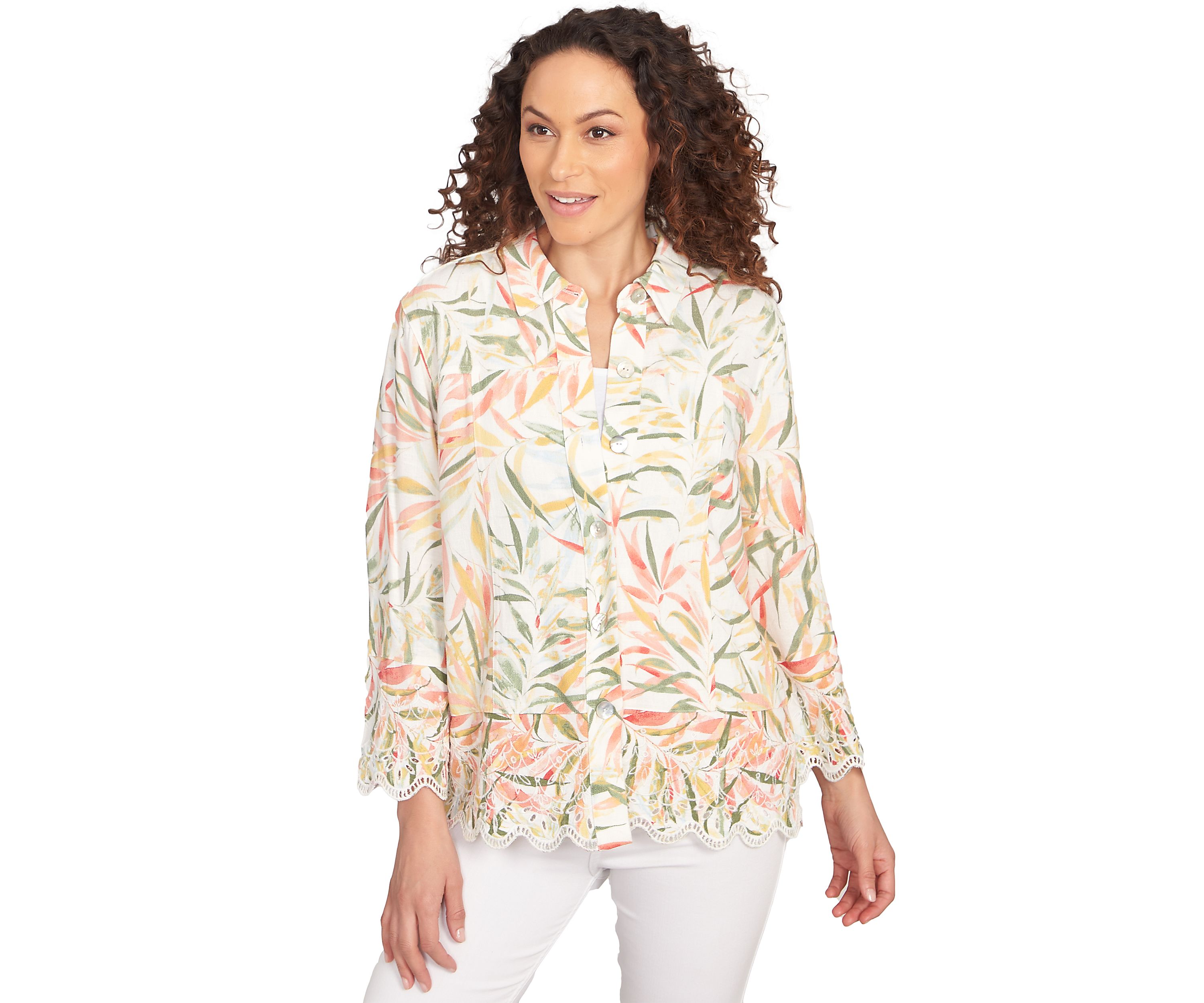 Womens Tropical Fern Button Front Linen Shirt Jacket