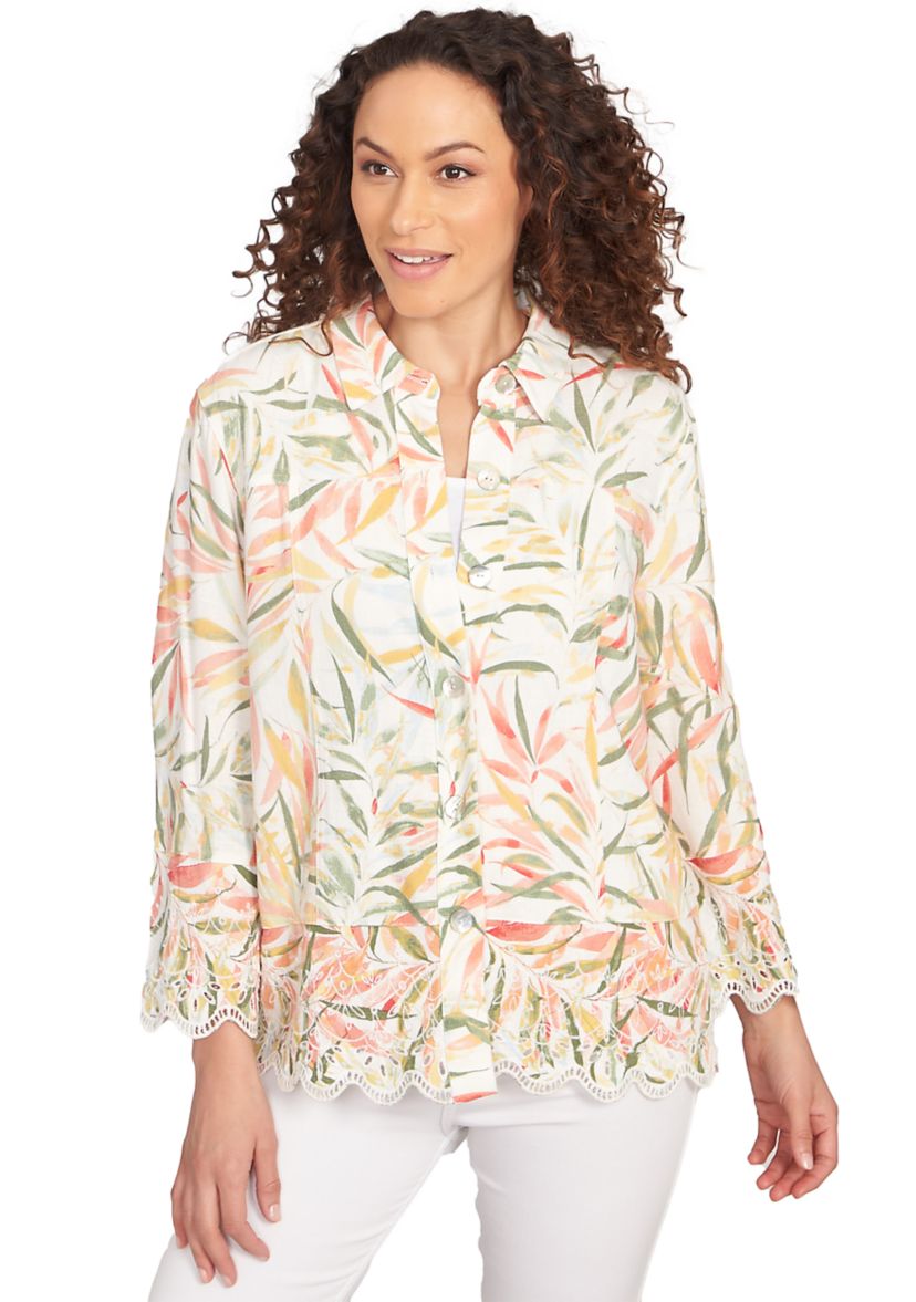 Womens Tropical Fern Button Front Linen Shirt Jacket