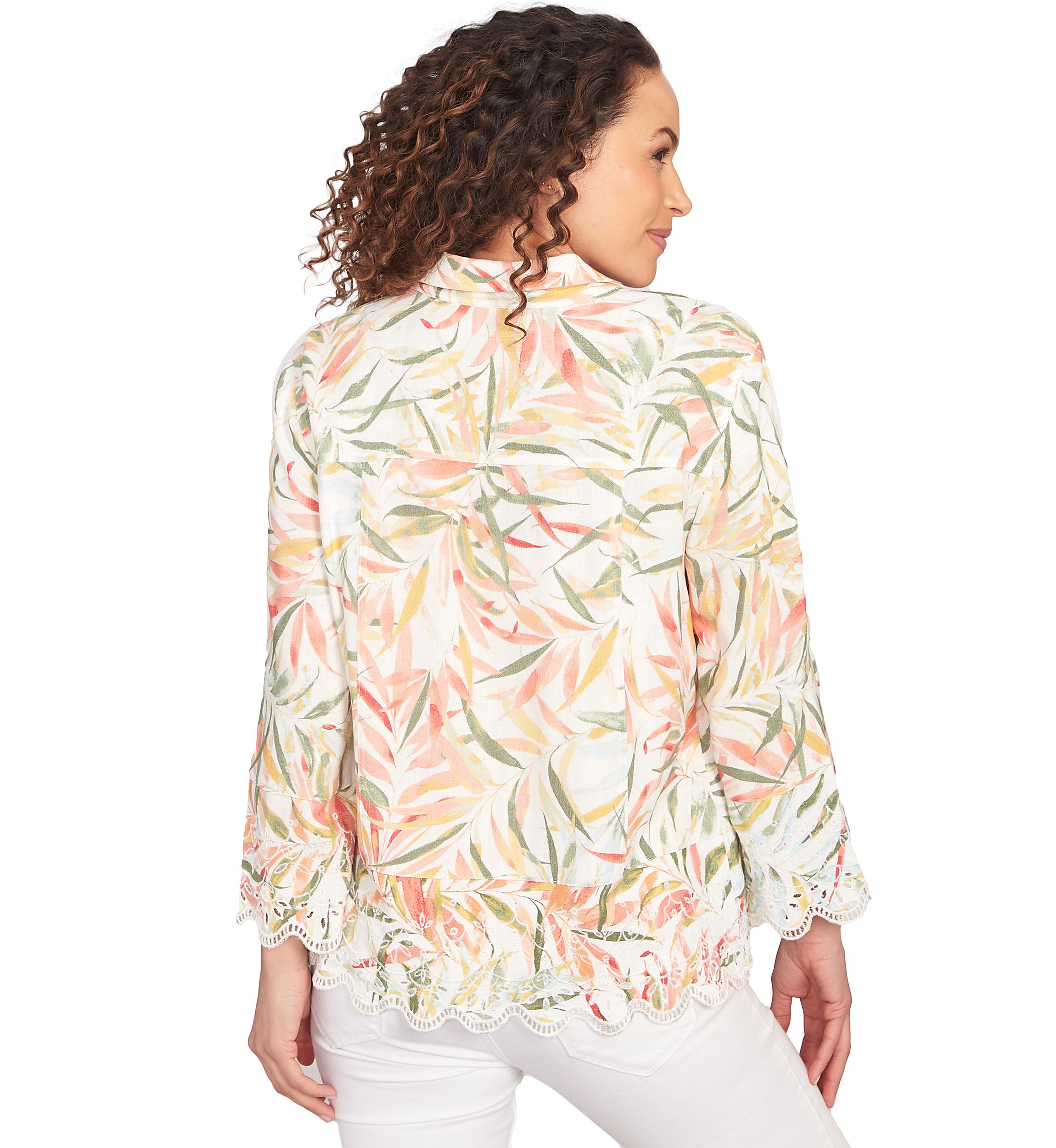 Womens Tropical Fern Button Front Linen Shirt Jacket
