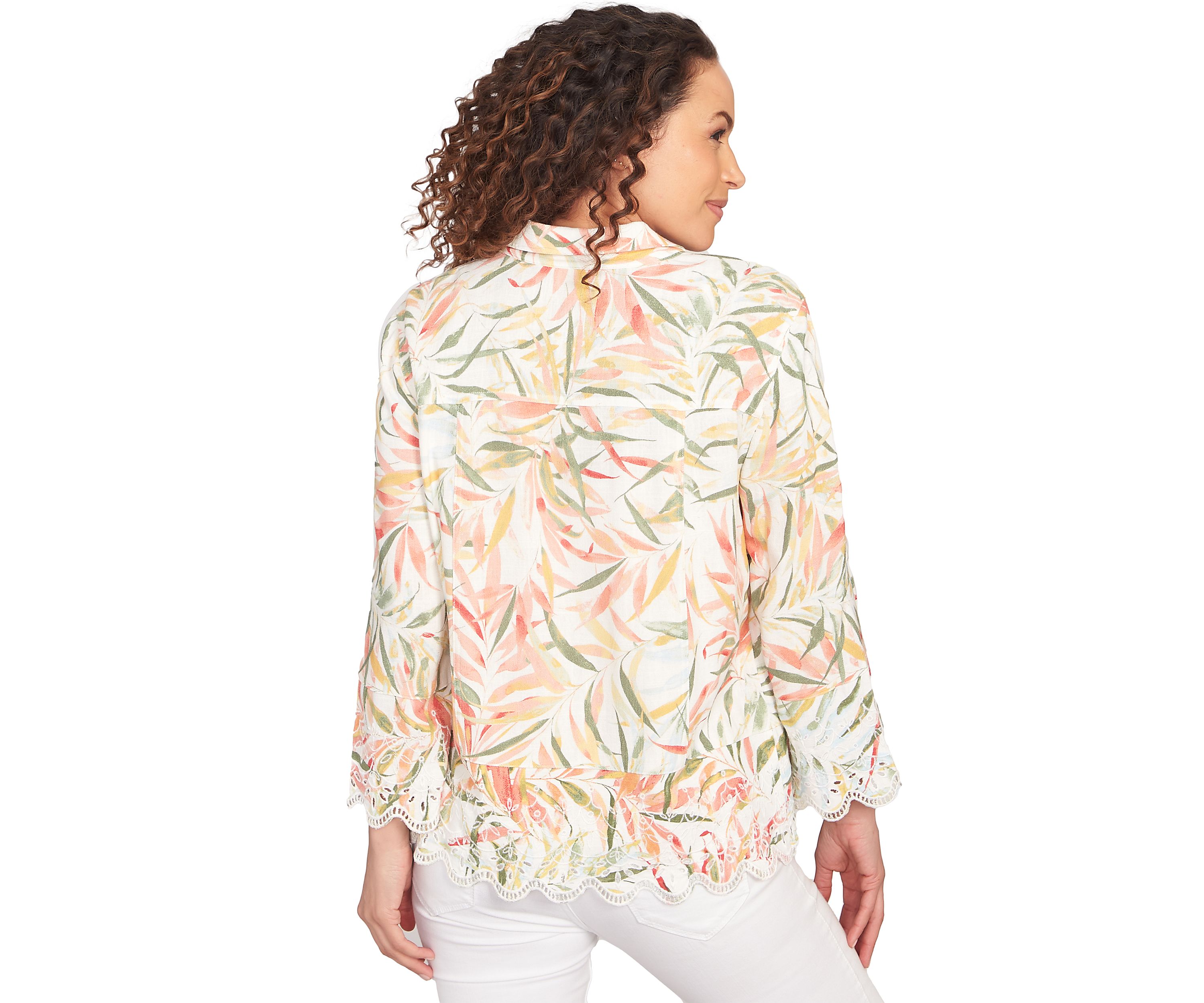 Womens Tropical Fern Button Front Linen Shirt Jacket