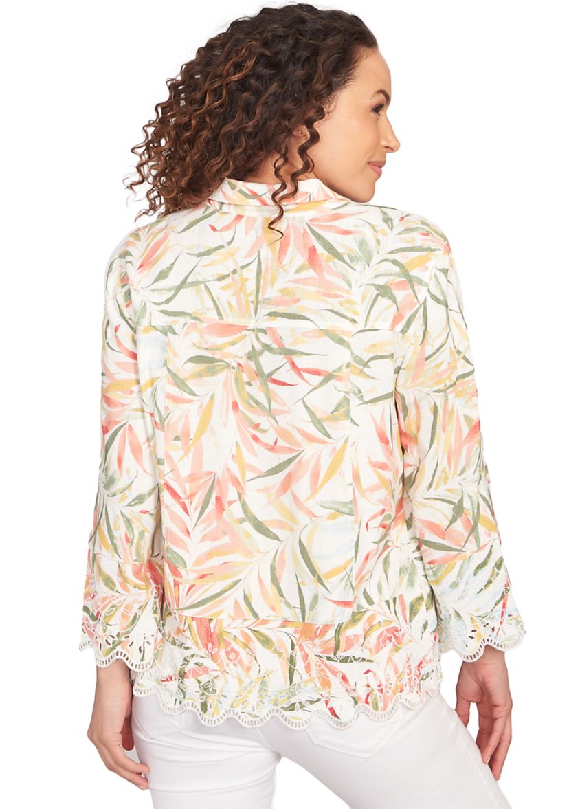Womens Tropical Fern Button Front Linen Shirt Jacket