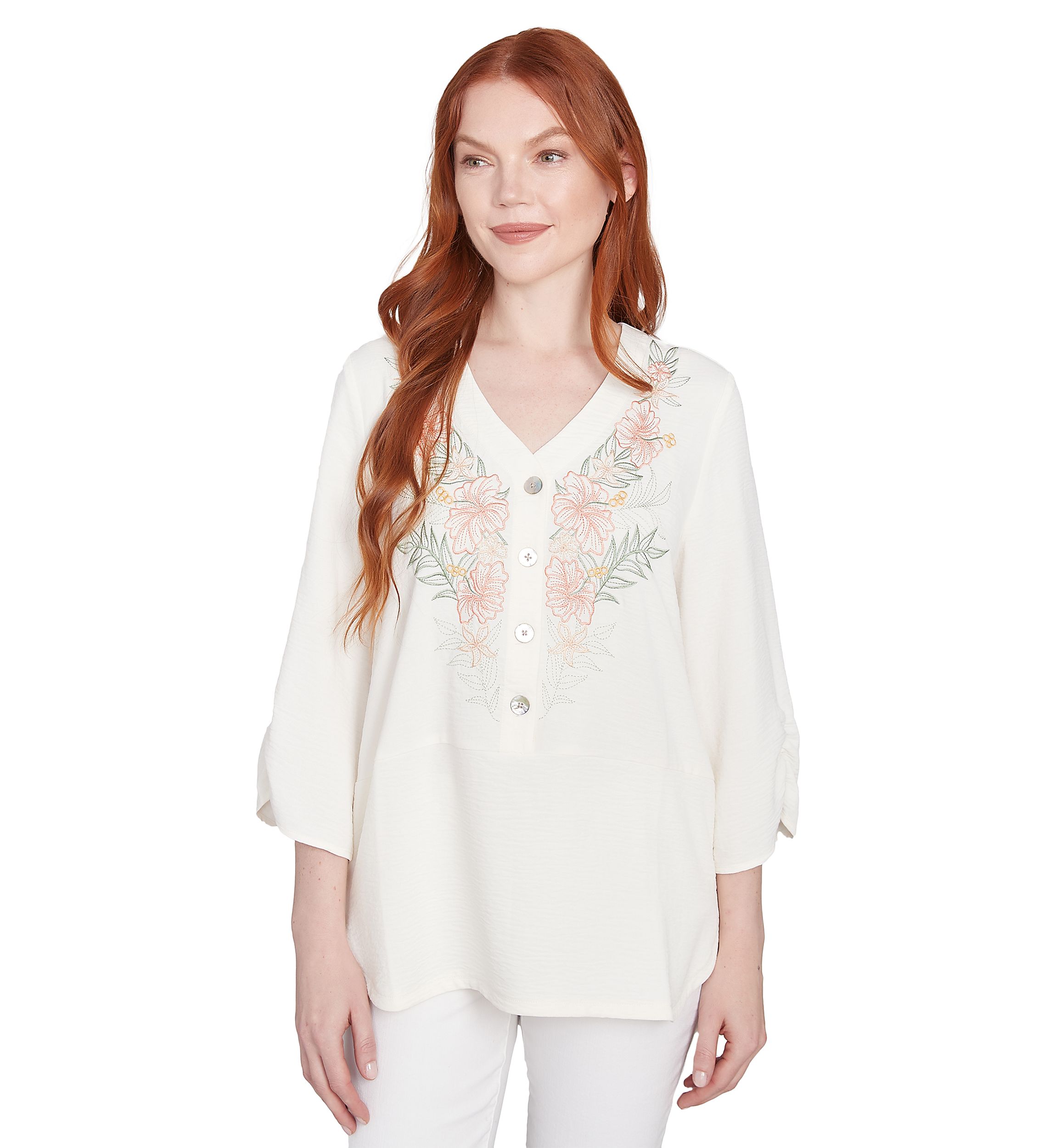Womens Floral Embroidery Solid Gauze Henley Top
