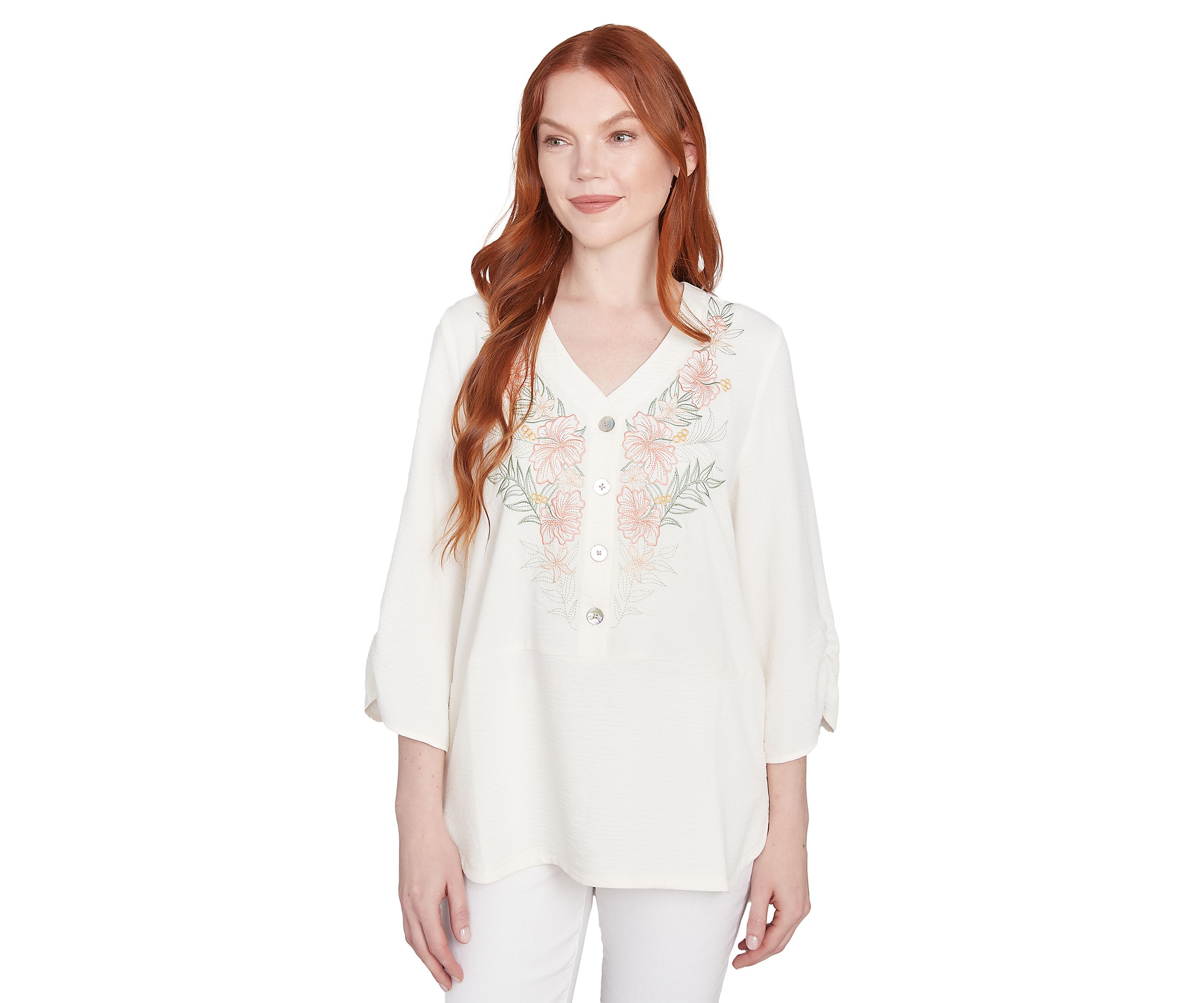 Womens Floral Embroidery Solid Gauze Henley Top