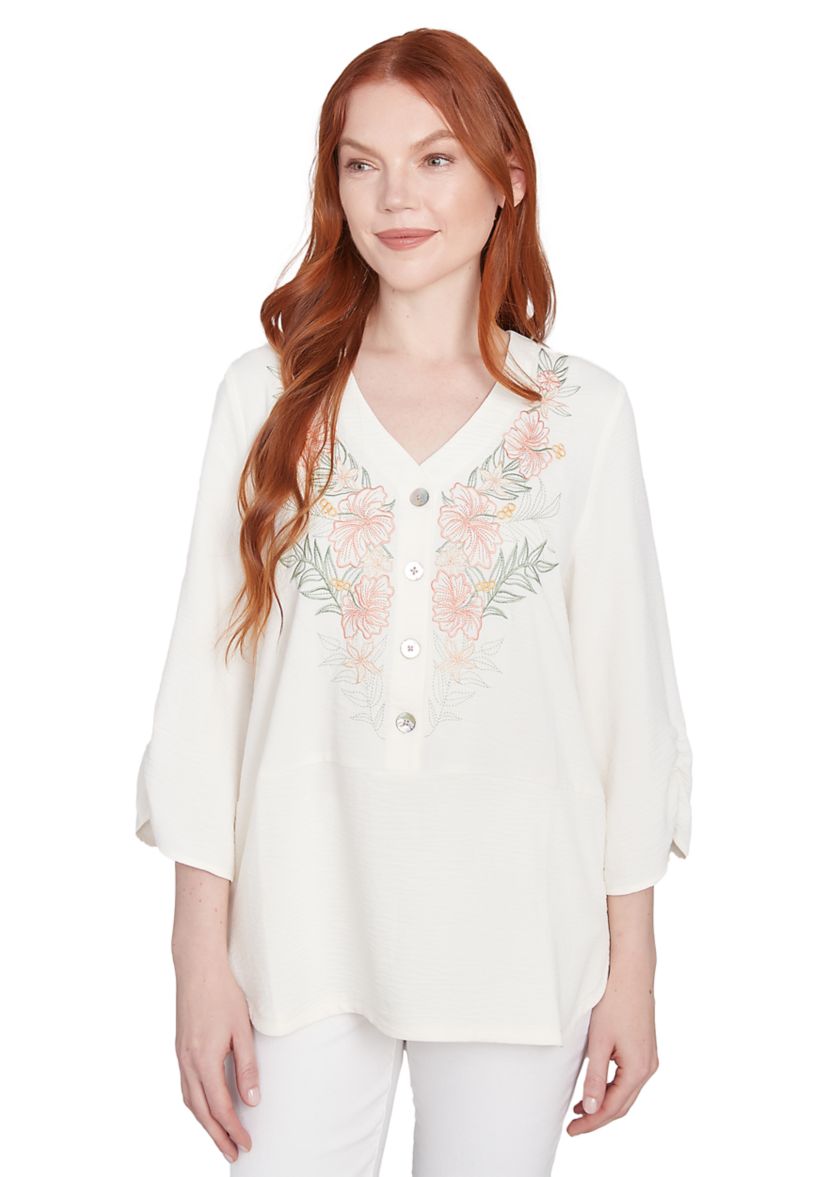 Womens Floral Embroidery Solid Gauze Henley Top
