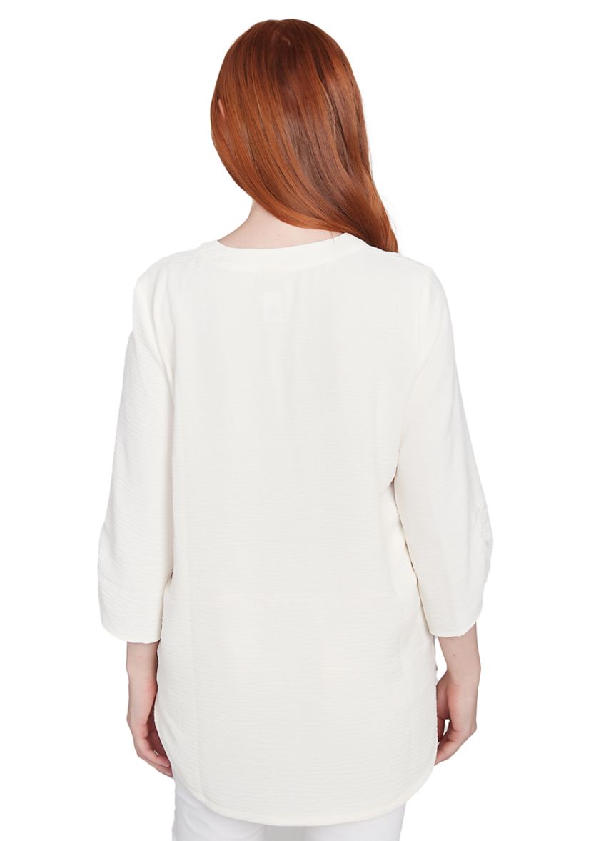 Womens Floral Embroidery Solid Gauze Henley Top