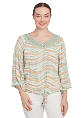 Ruby Rd Women's Crochet V-Neck Stripe Print Crepon Tie Front Top