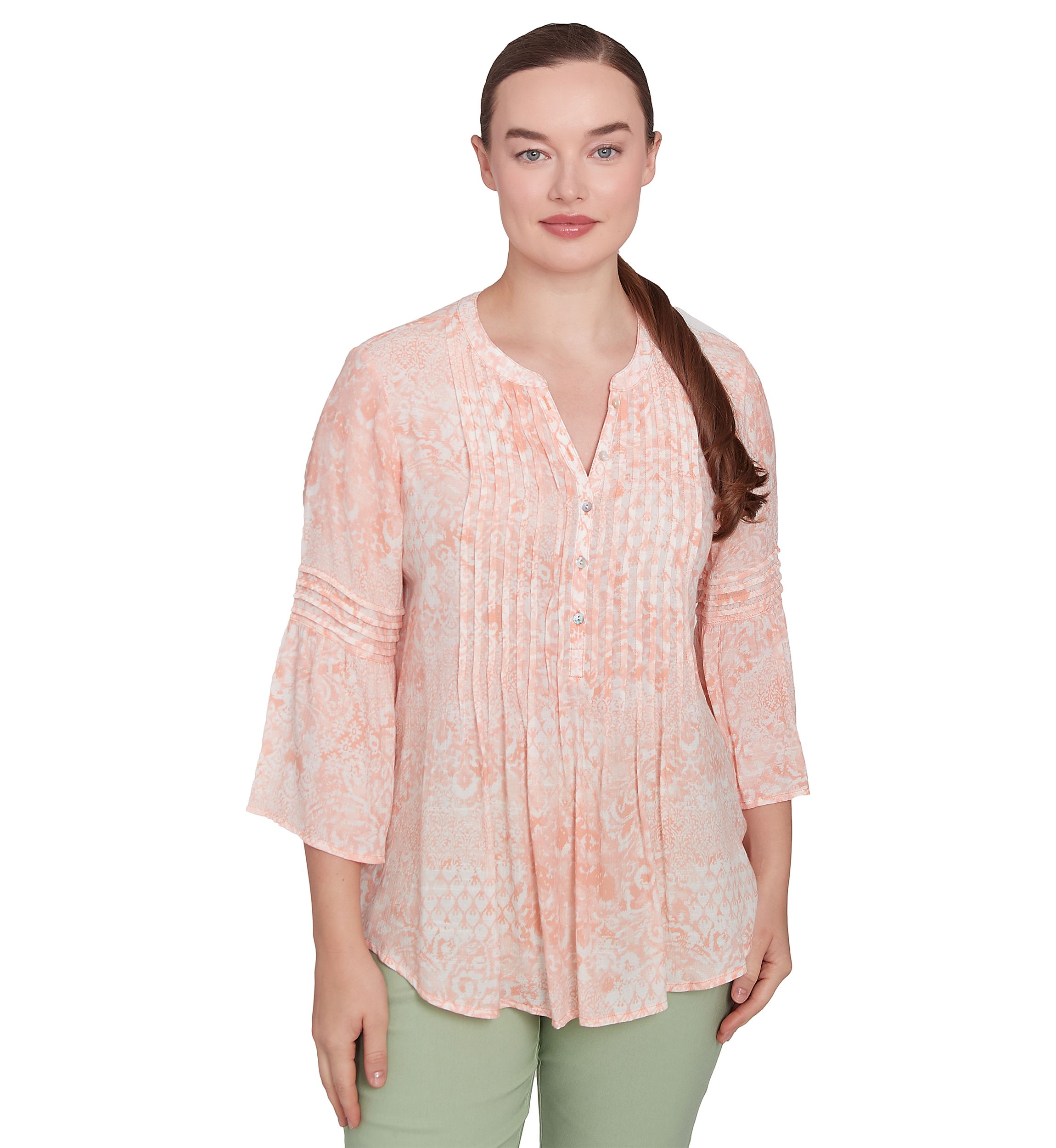 Womens Patchwork Silky Gauze Ruffled Henley Top