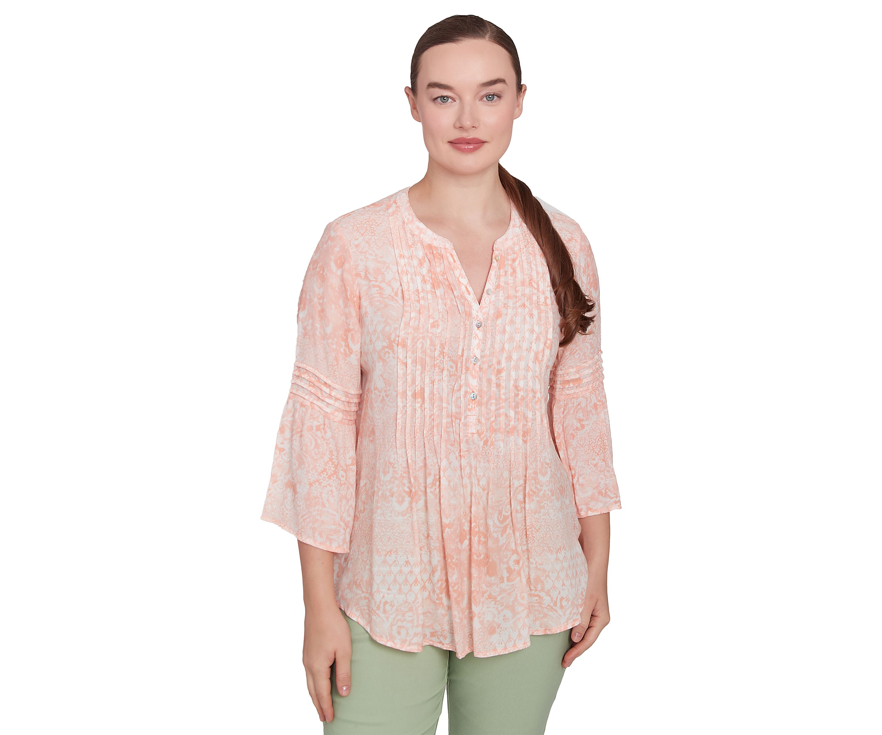 Womens Patchwork Silky Gauze Ruffled Henley Top