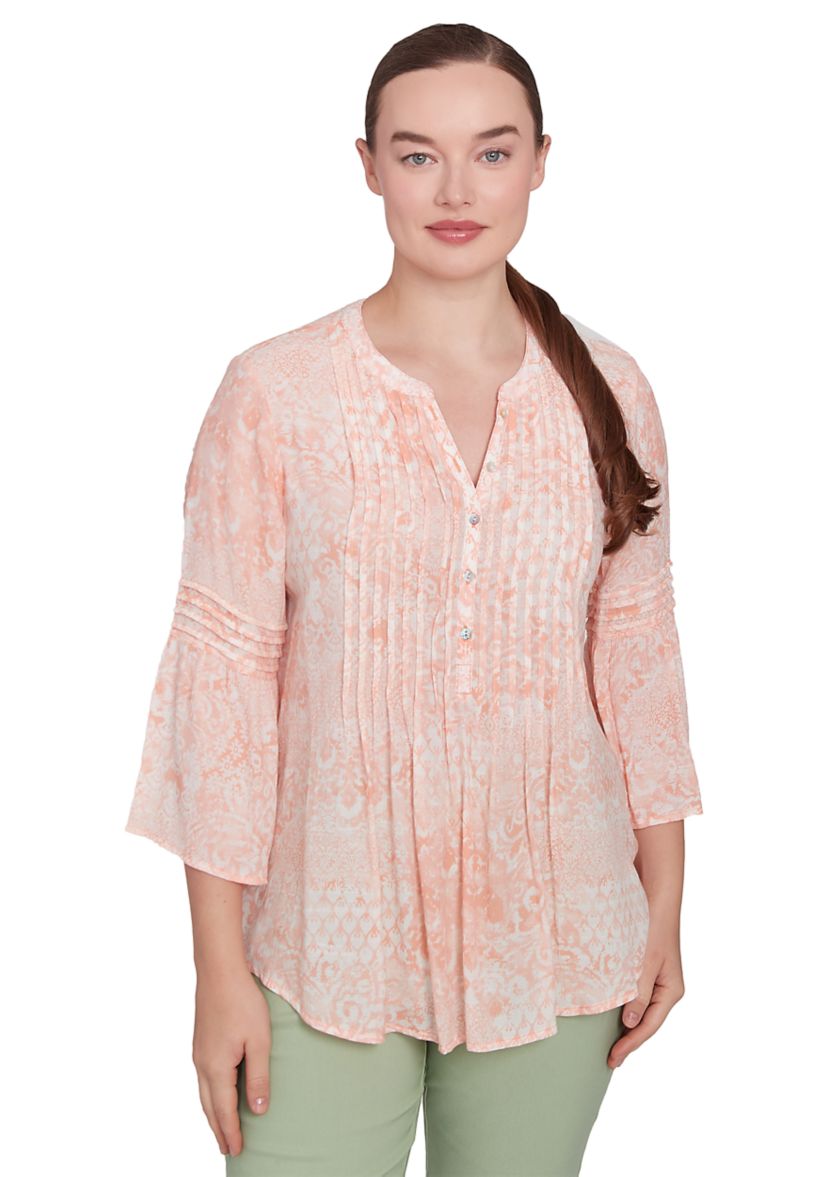 Womens Patchwork Silky Gauze Ruffled Henley Top