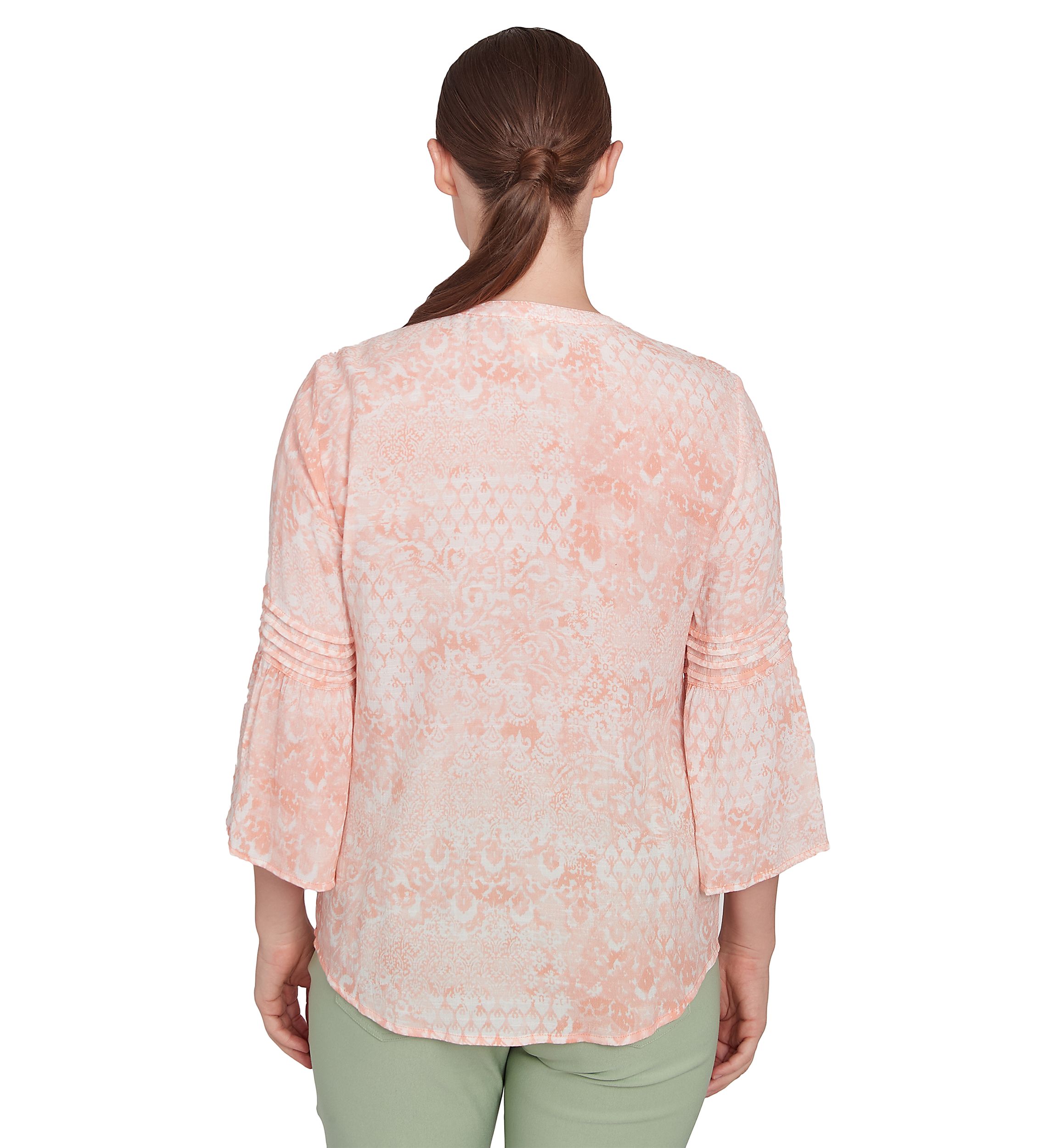 Womens Patchwork Silky Gauze Ruffled Henley Top