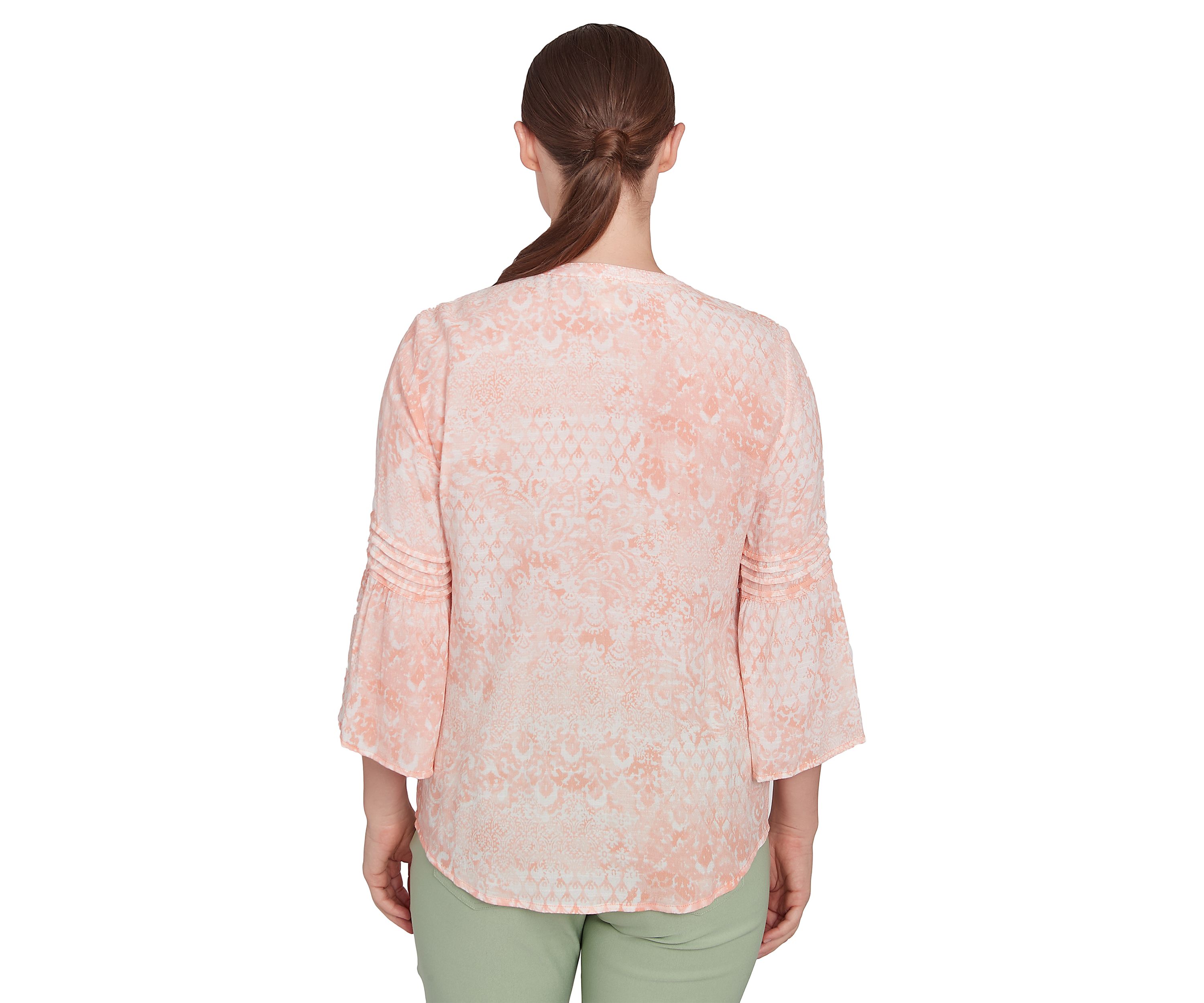 Womens Patchwork Silky Gauze Ruffled Henley Top