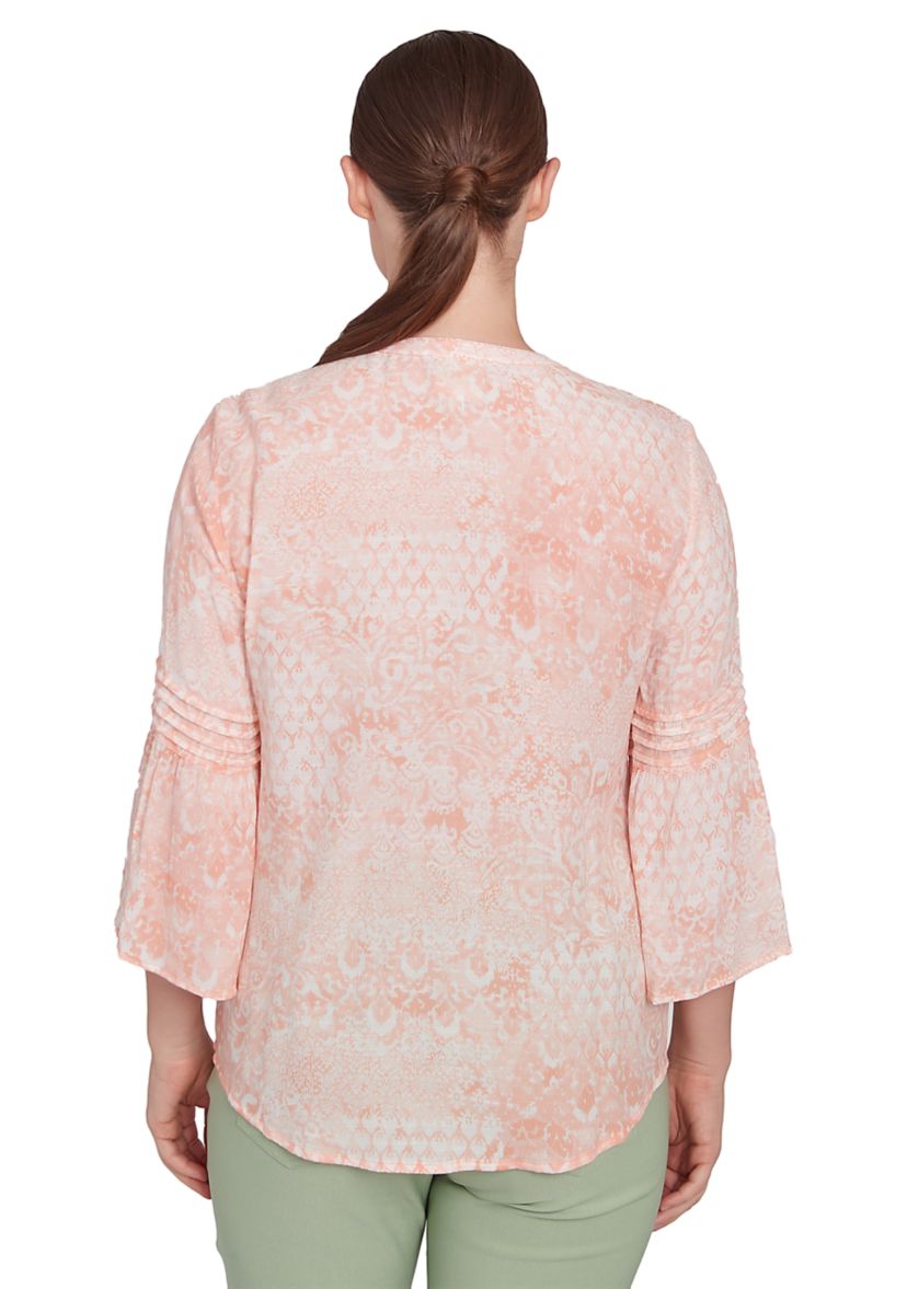 Womens Patchwork Silky Gauze Ruffled Henley Top