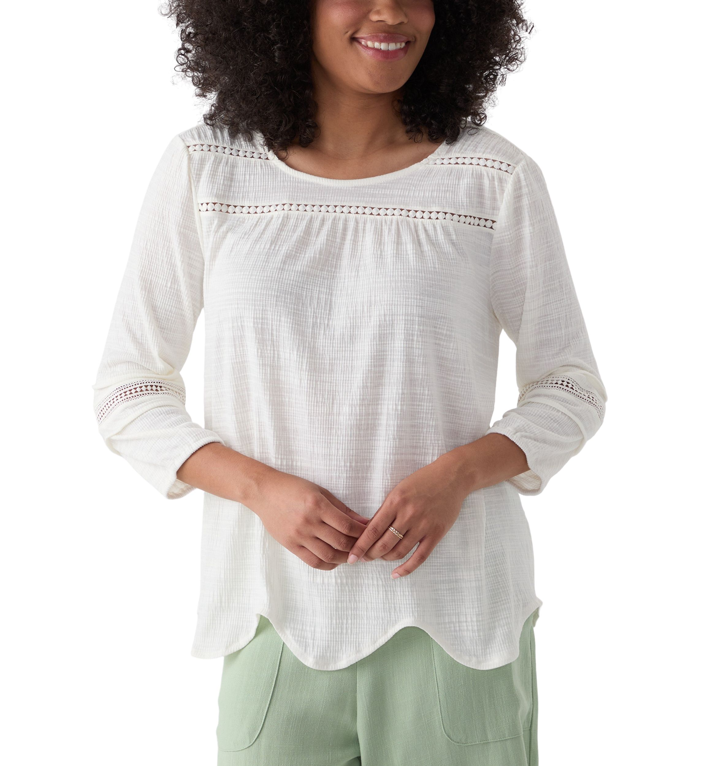 Womens Solid Slub Knit Lace Trim Top