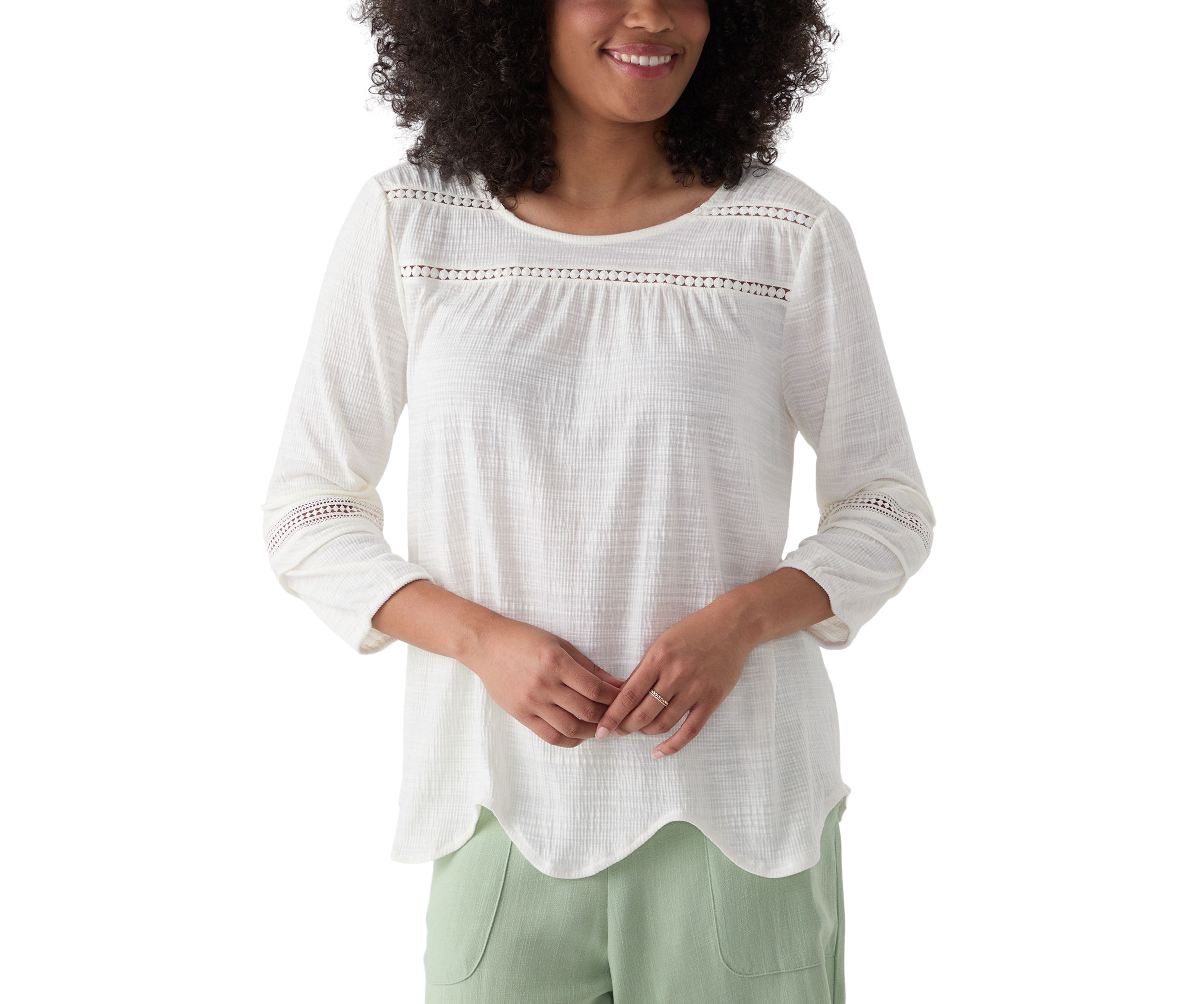Womens Solid Slub Knit Lace Trim Top