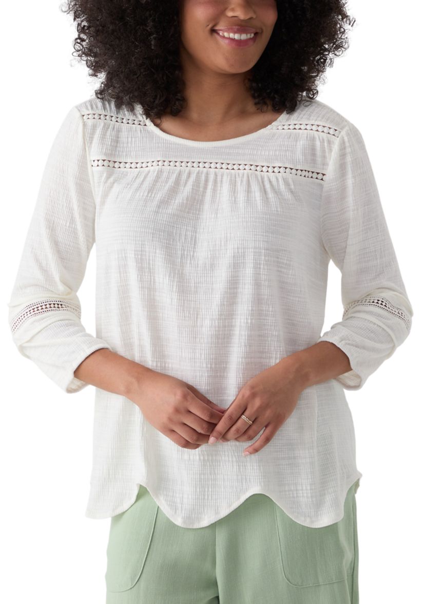Womens Solid Slub Knit Lace Trim Top