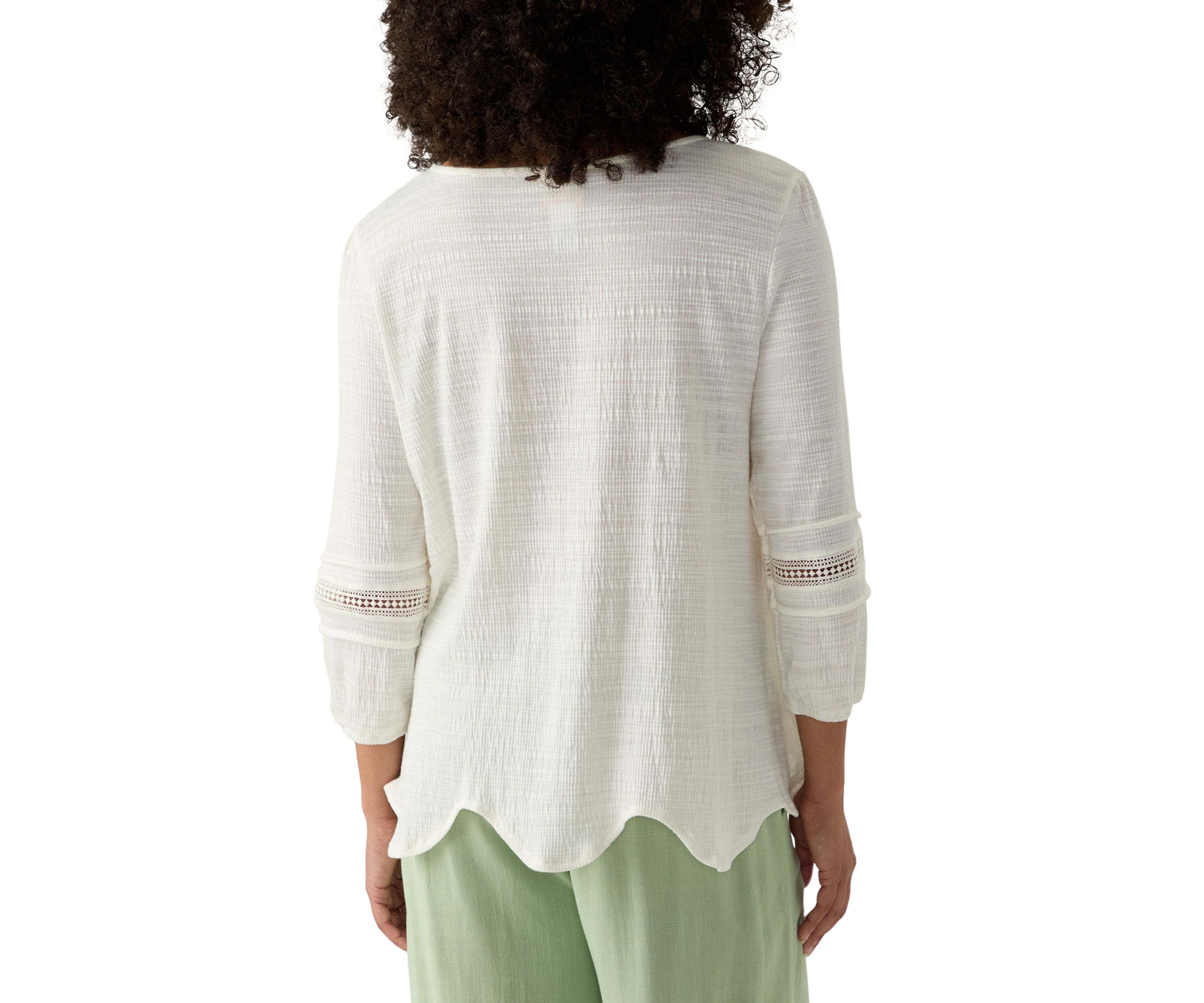 Womens Solid Slub Knit Lace Trim Top