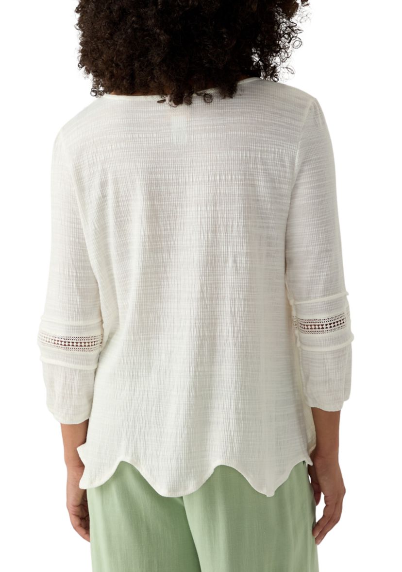Womens Solid Slub Knit Lace Trim Top