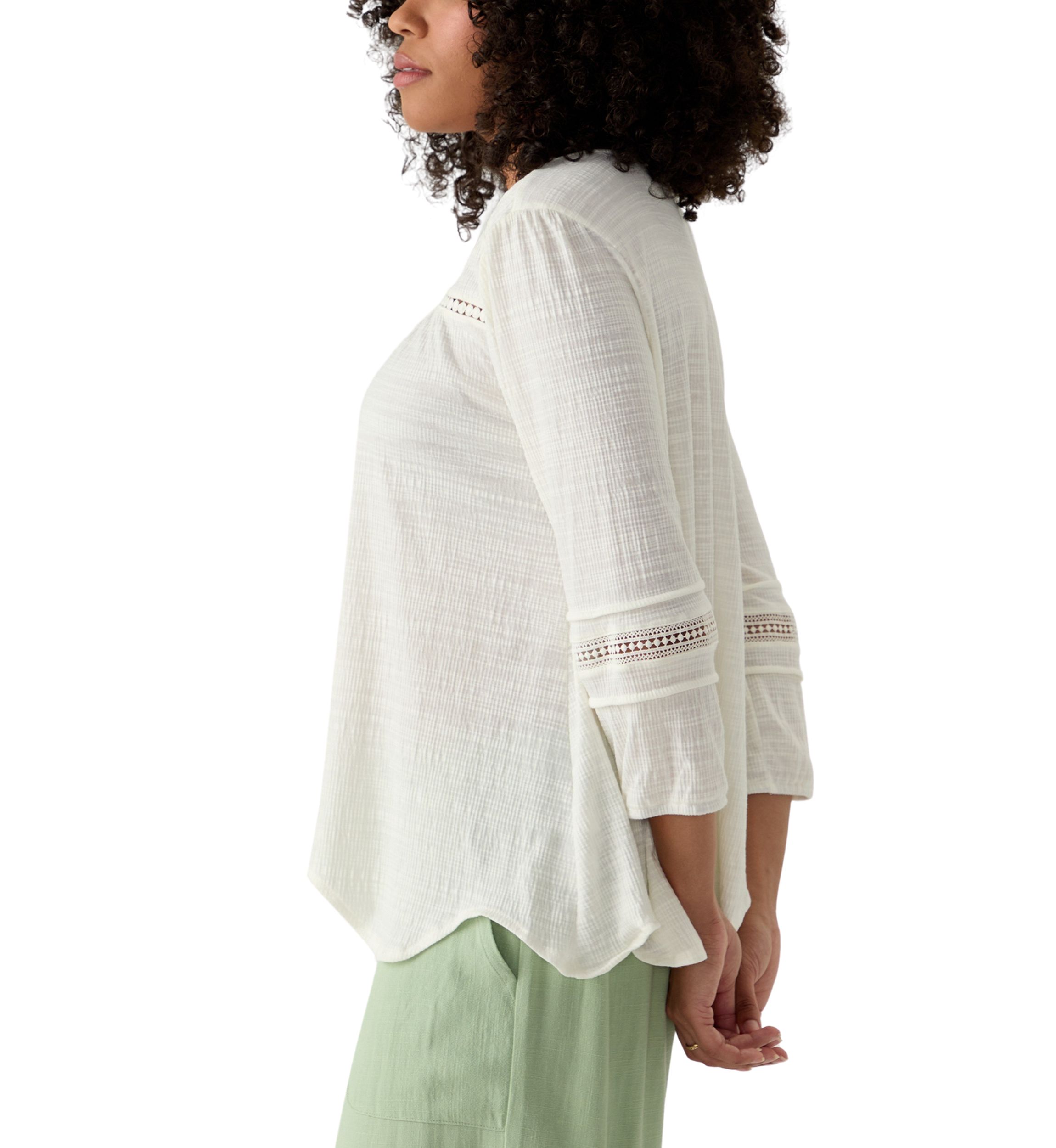 Womens Solid Slub Knit Lace Trim Top