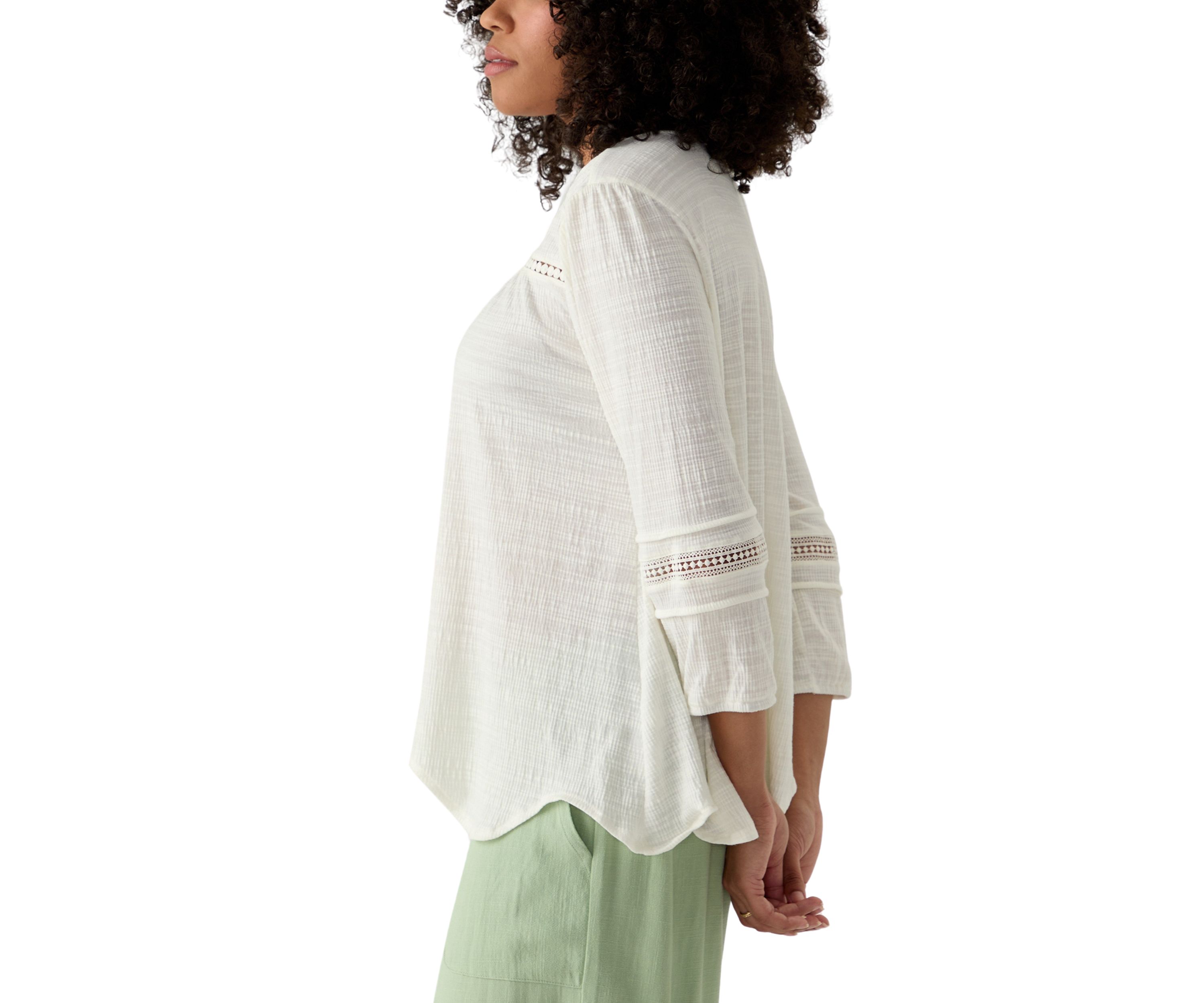 Womens Solid Slub Knit Lace Trim Top