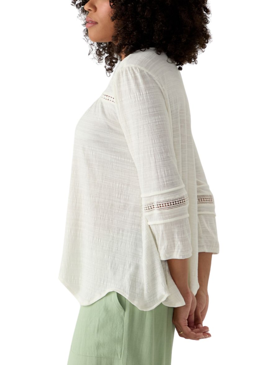 Womens Solid Slub Knit Lace Trim Top