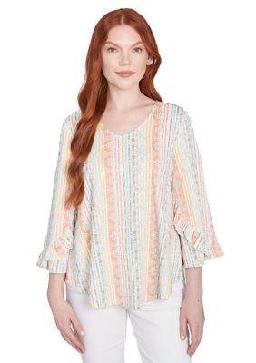 Ruby Rd Women's Tropical Stripe Puff Print V-Neck Top