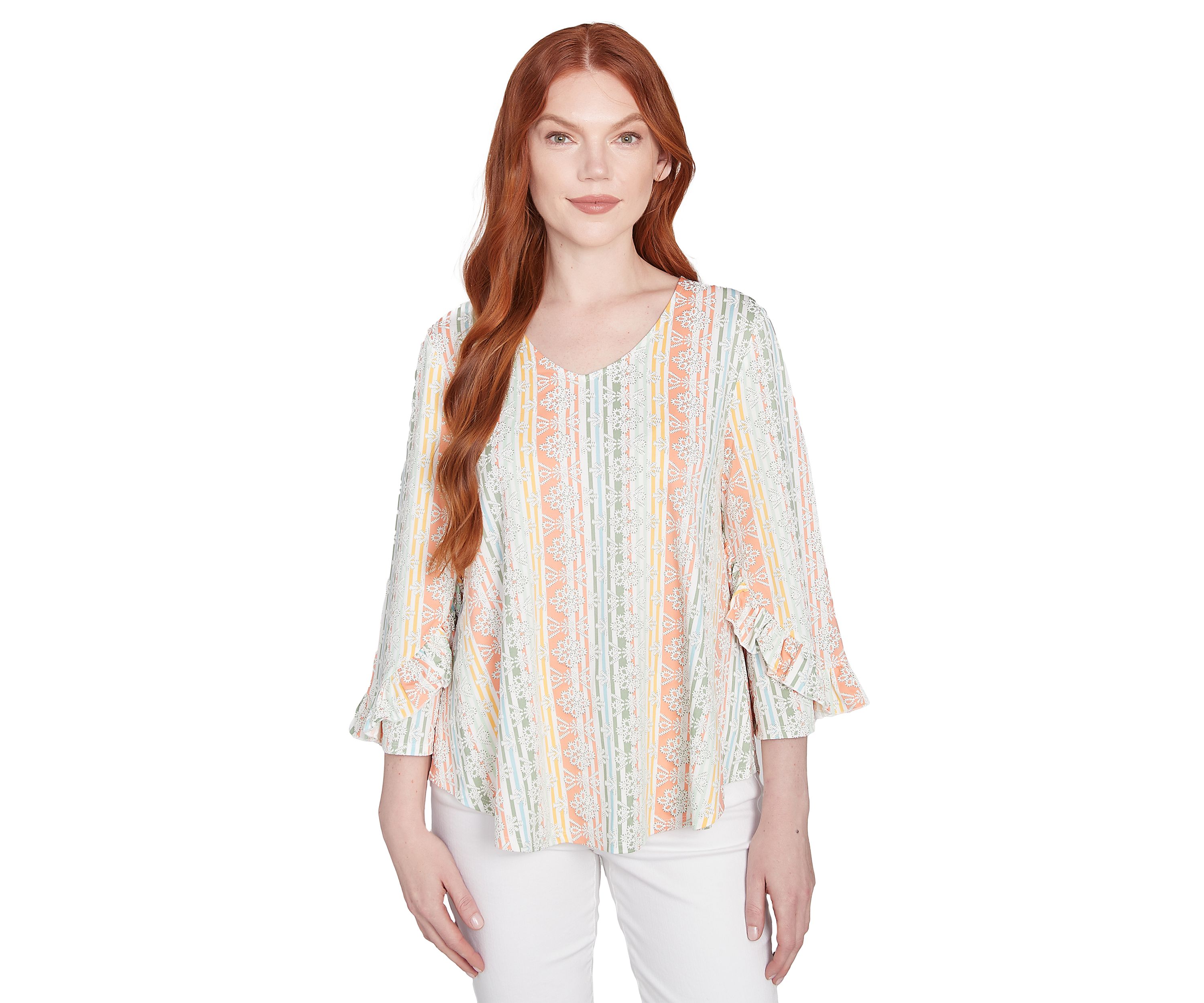 Womens Tropical Stripe Puff Print V-Neck Top