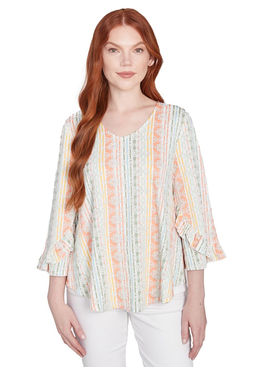 Womens Tropical Stripe Puff Print V-Neck Top